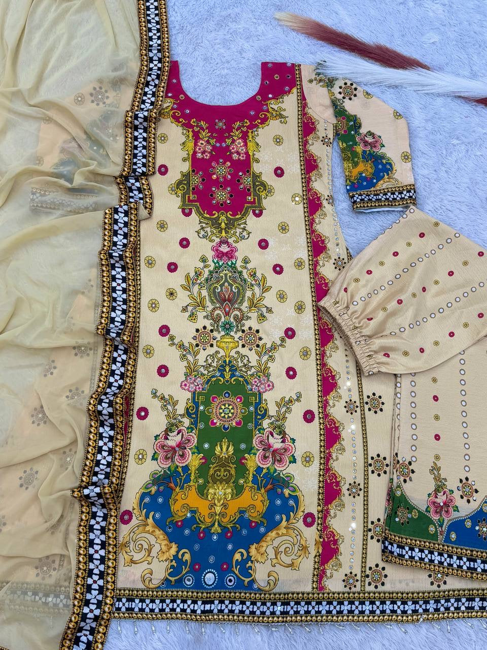 Fancy Suit Set With Beautiful Digital Print With Real Mirror Hand Work