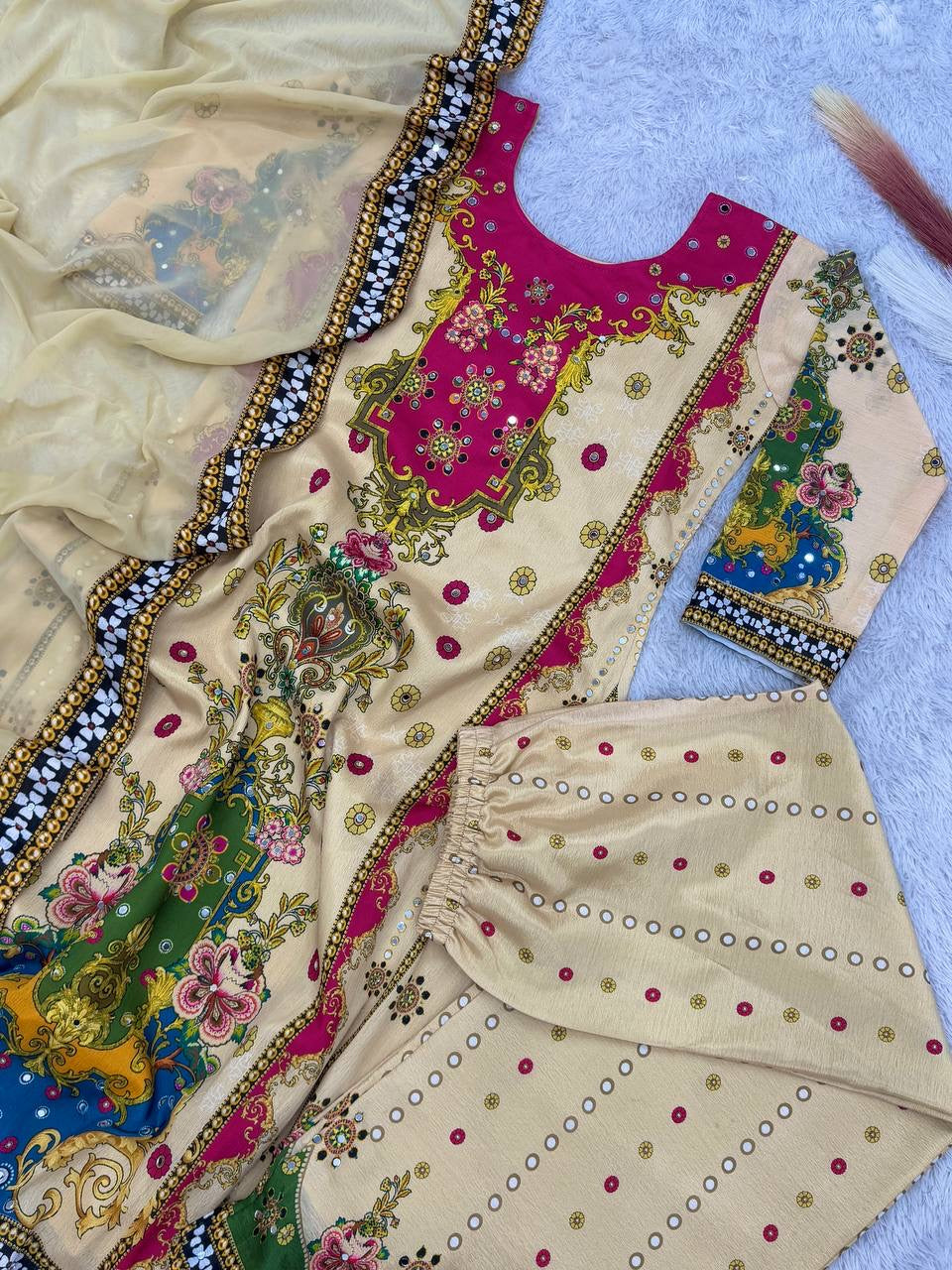Fancy Suit Set With Beautiful Digital Print With Real Mirror Hand Work