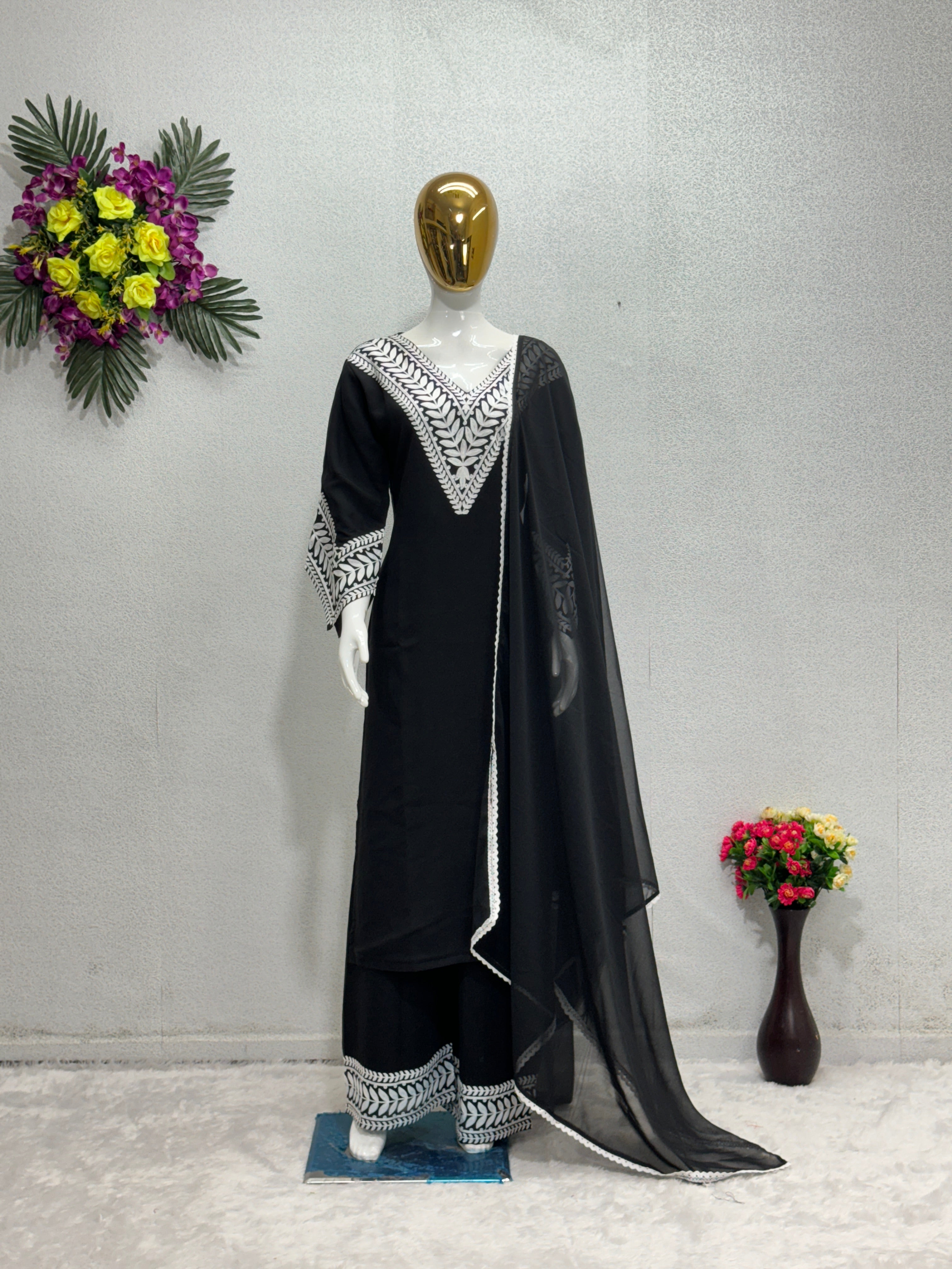 Designer Party Wear Top Bottom And Dupatta With Fancy Bell Sleeve