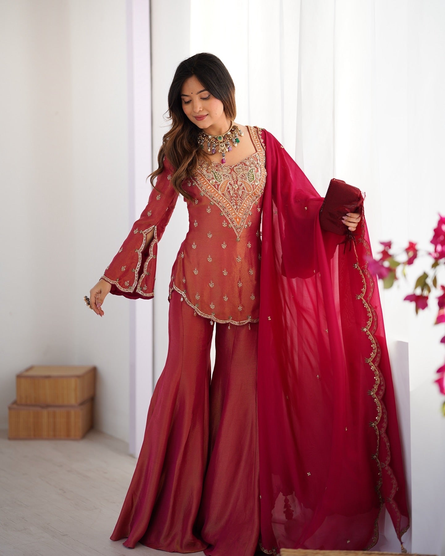 Party Wear Top-Bottom And Dupatta Set With Embroidery Work