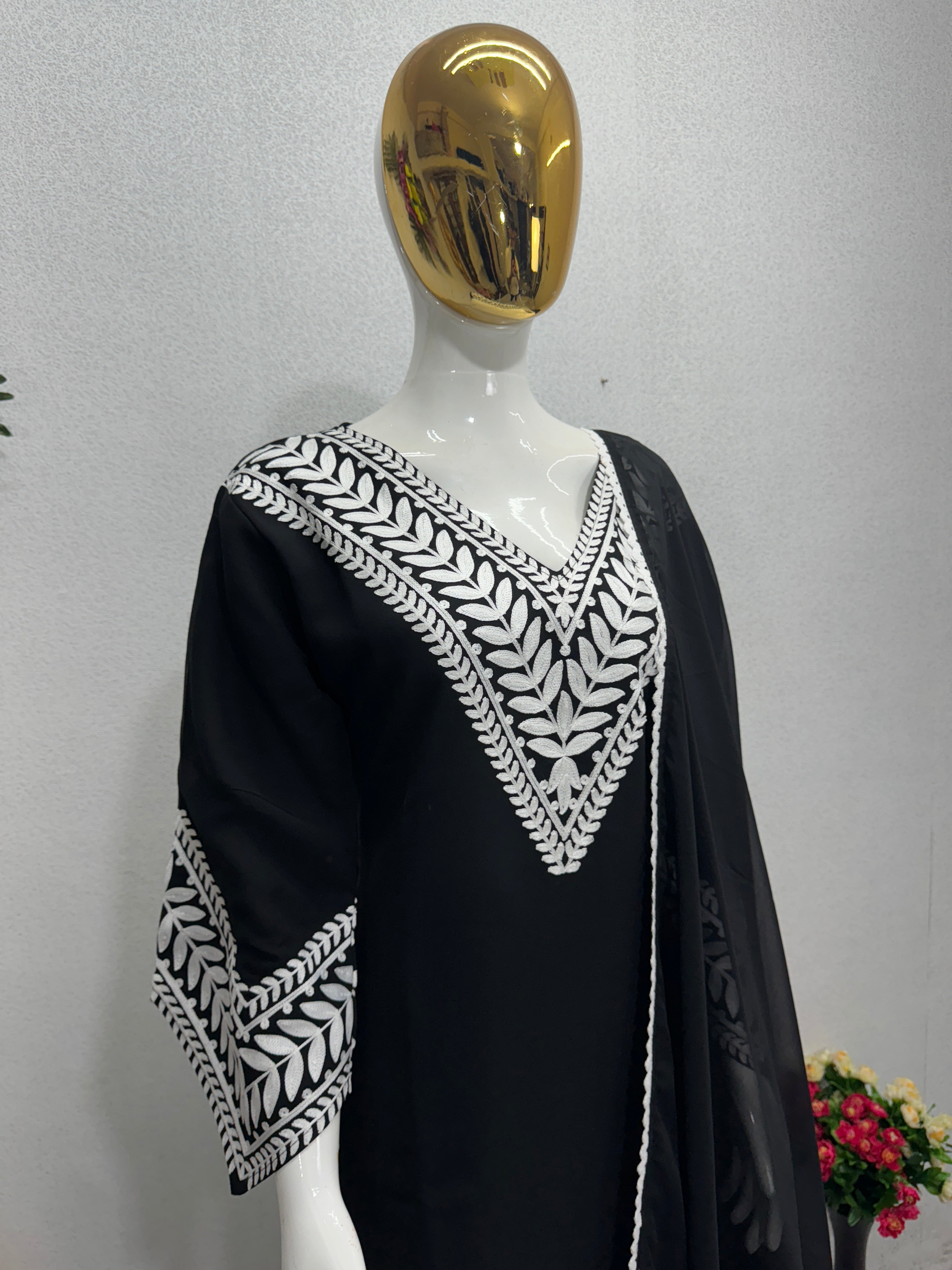 Designer Party Wear Top Bottom And Dupatta With Fancy Bell Sleeve