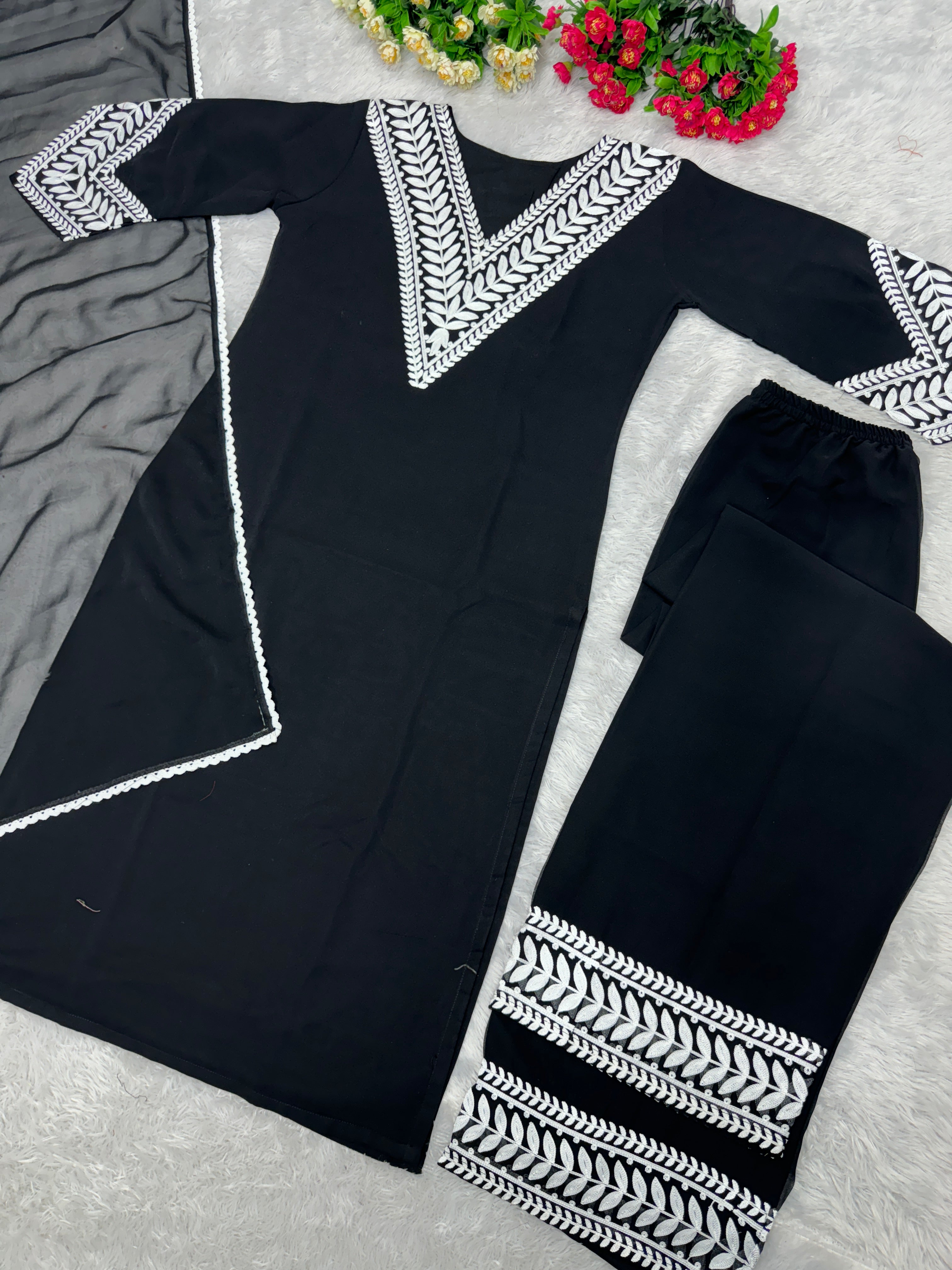 Designer Party Wear Top Bottom And Dupatta With Fancy Bell Sleeve