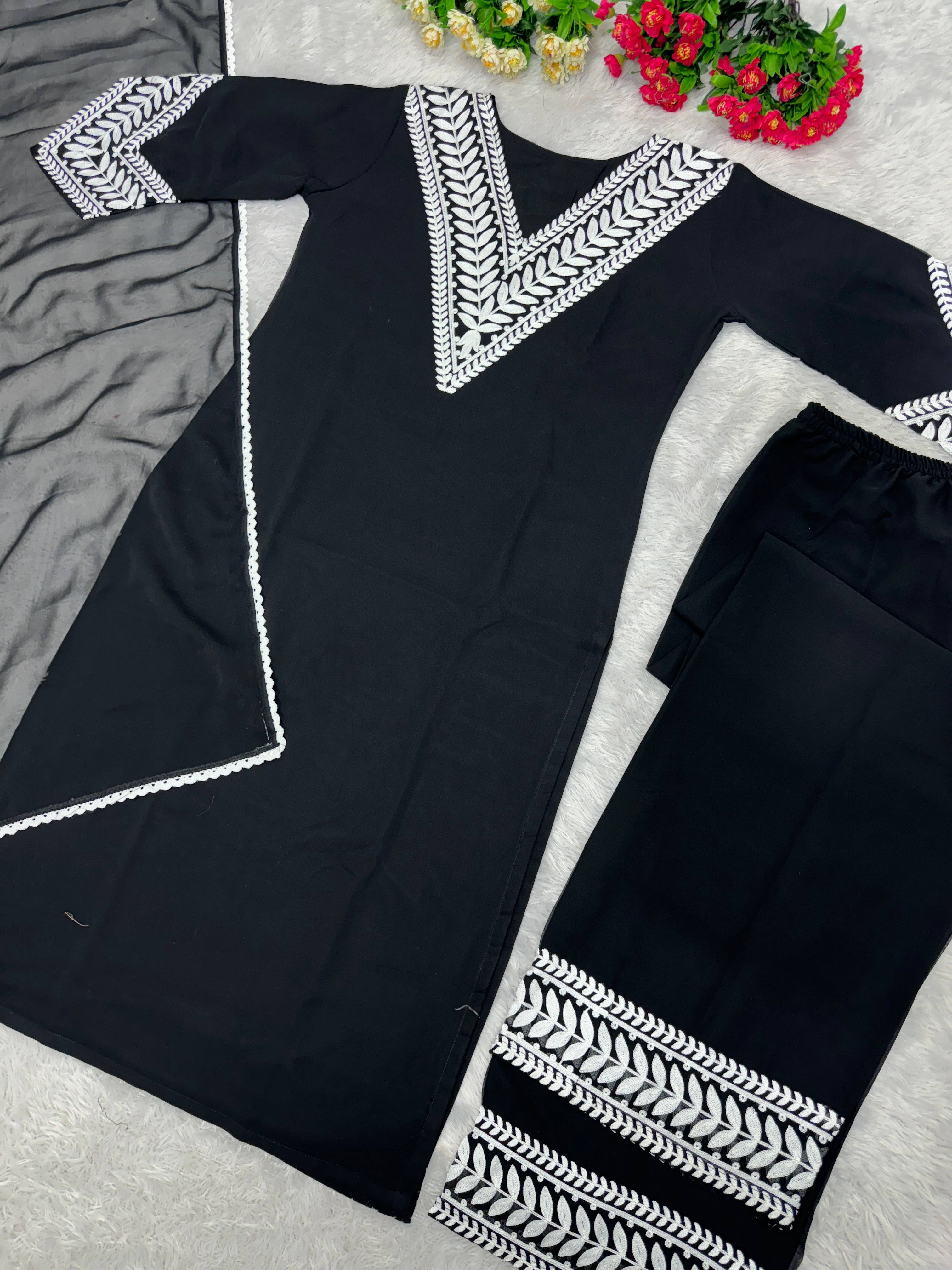 Designer Party Wear Top Bottom And Dupatta With Fancy Bell Sleeve