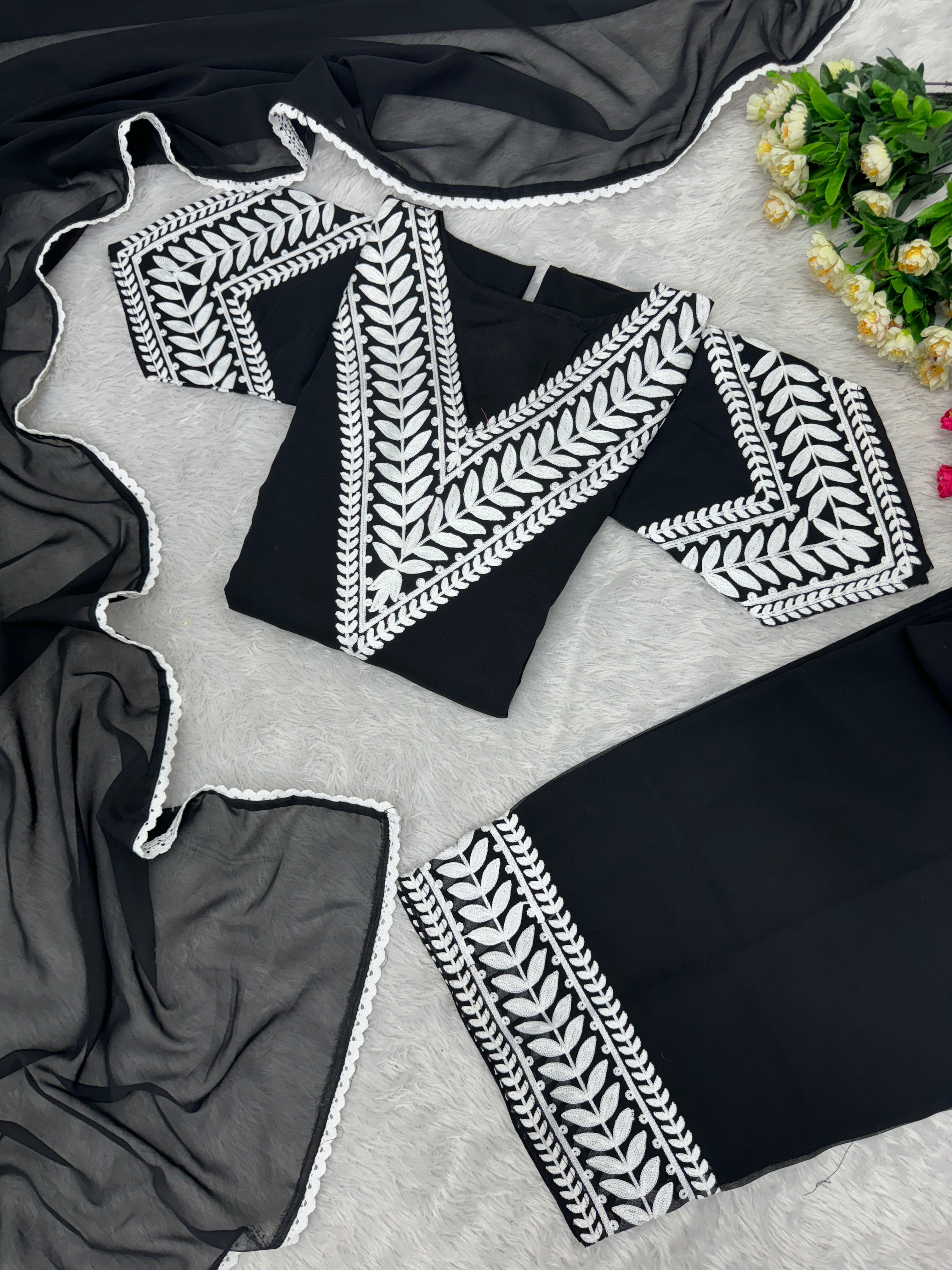 Designer Party Wear Top Bottom And Dupatta With Fancy Bell Sleeve