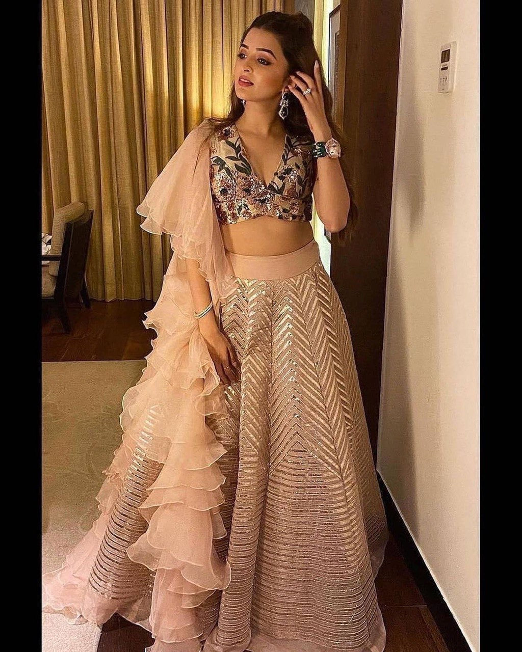 Designer Party Wear Lehenga Choli With Organza Ruffle Dupatta