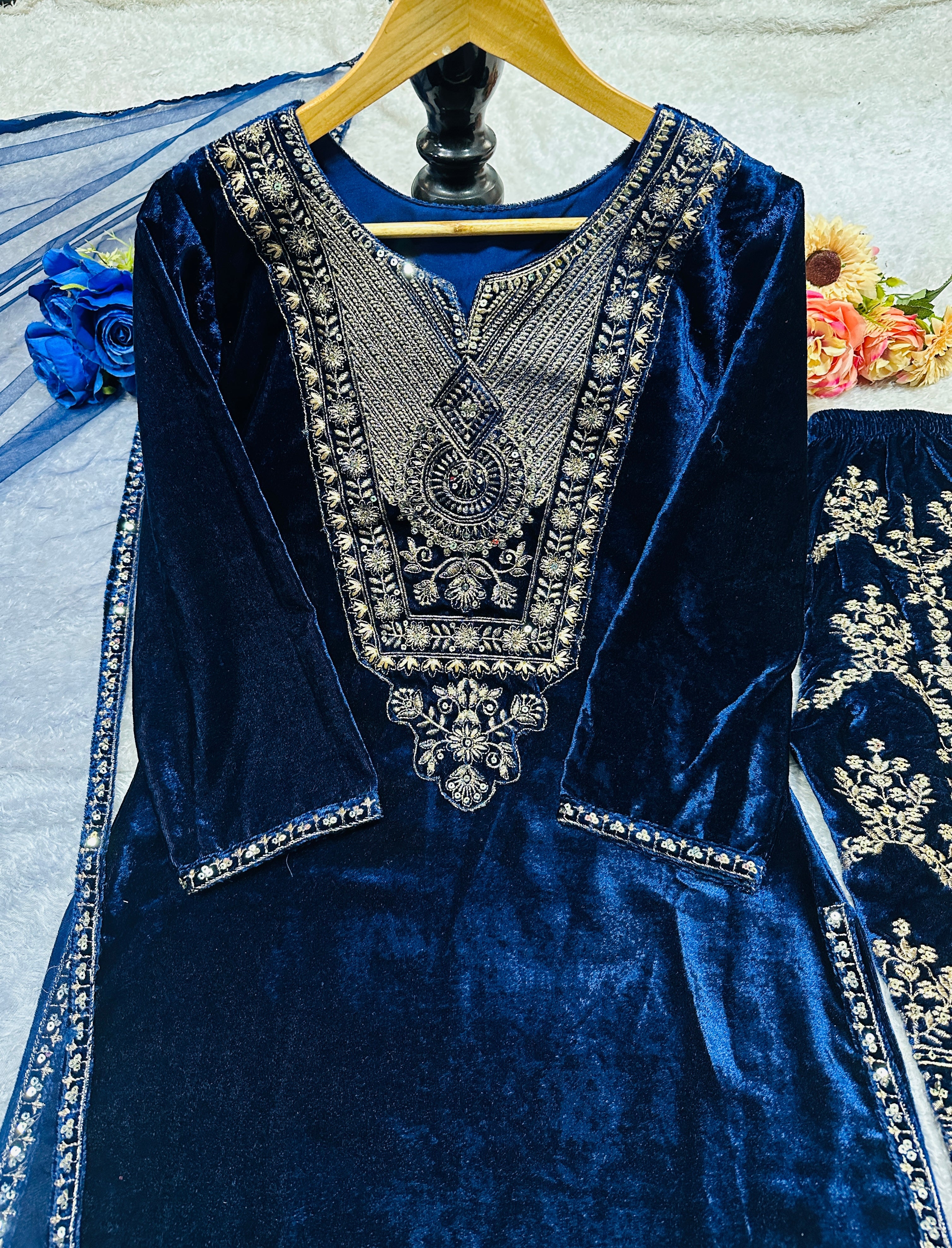 Designer Party Wear Top Pent And Dupatta With Embroidery Work