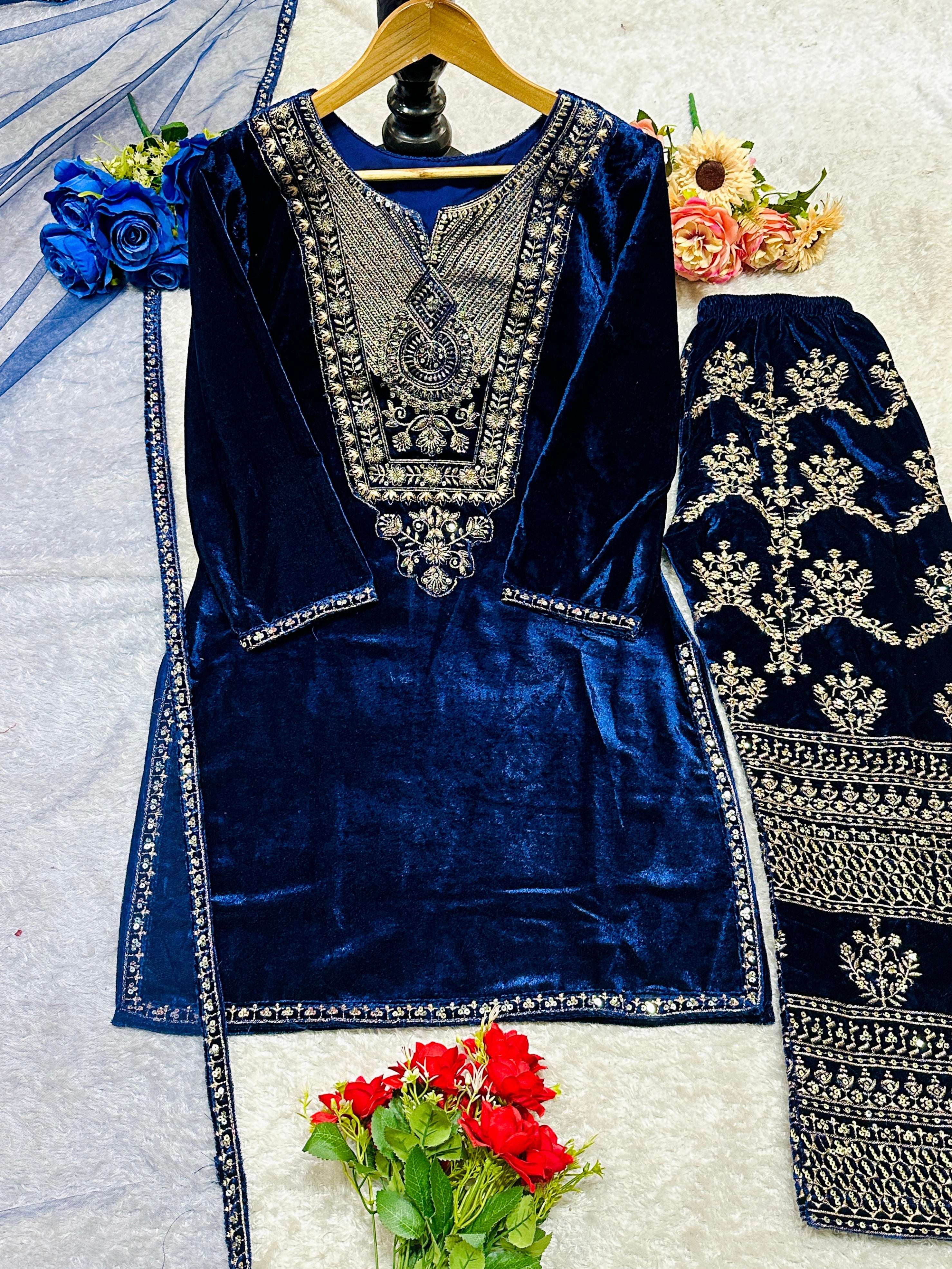 Designer Party Wear Top Pent And Dupatta With Embroidery Work