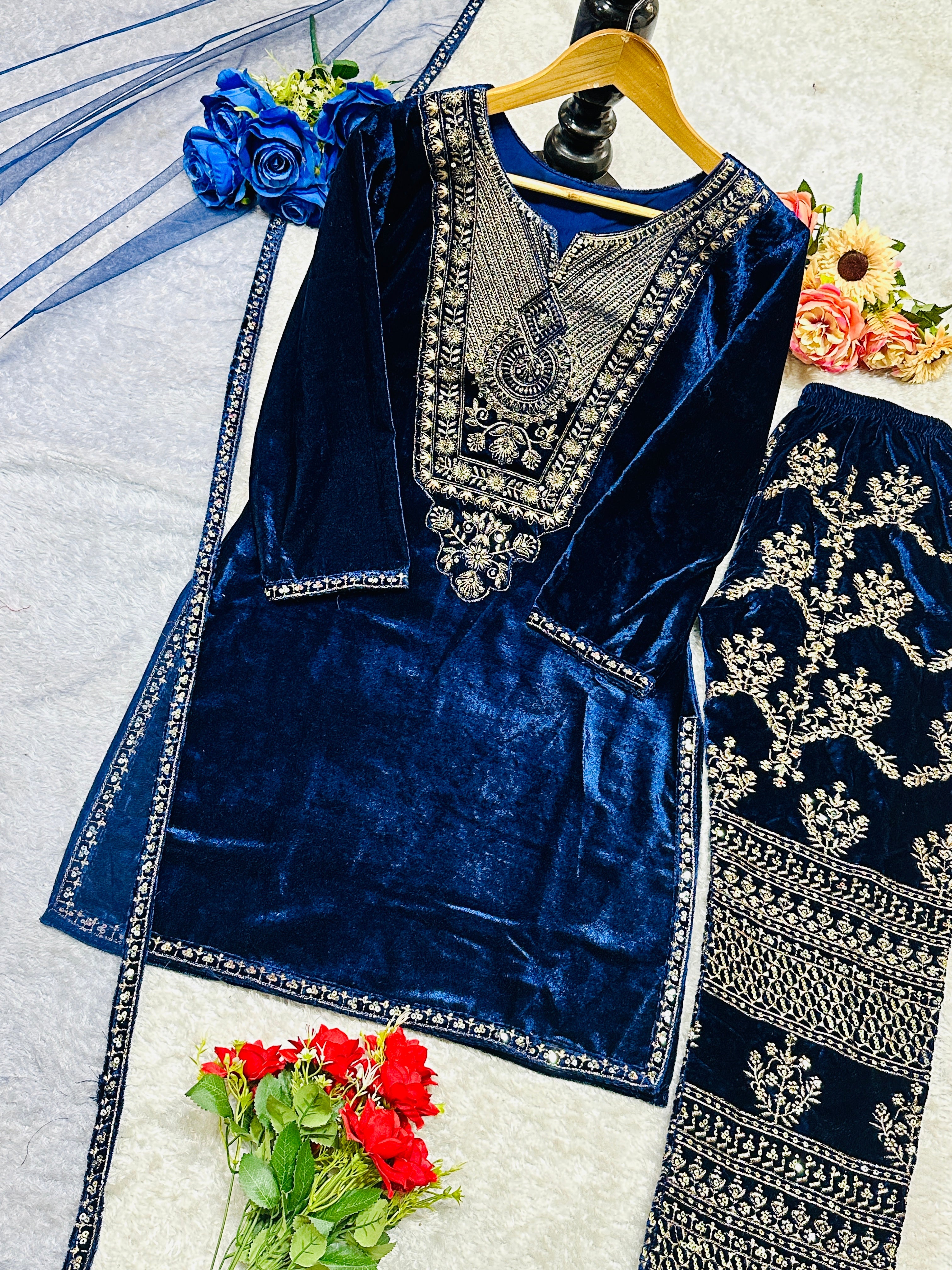Designer Party Wear Top Pent And Dupatta With Embroidery Work