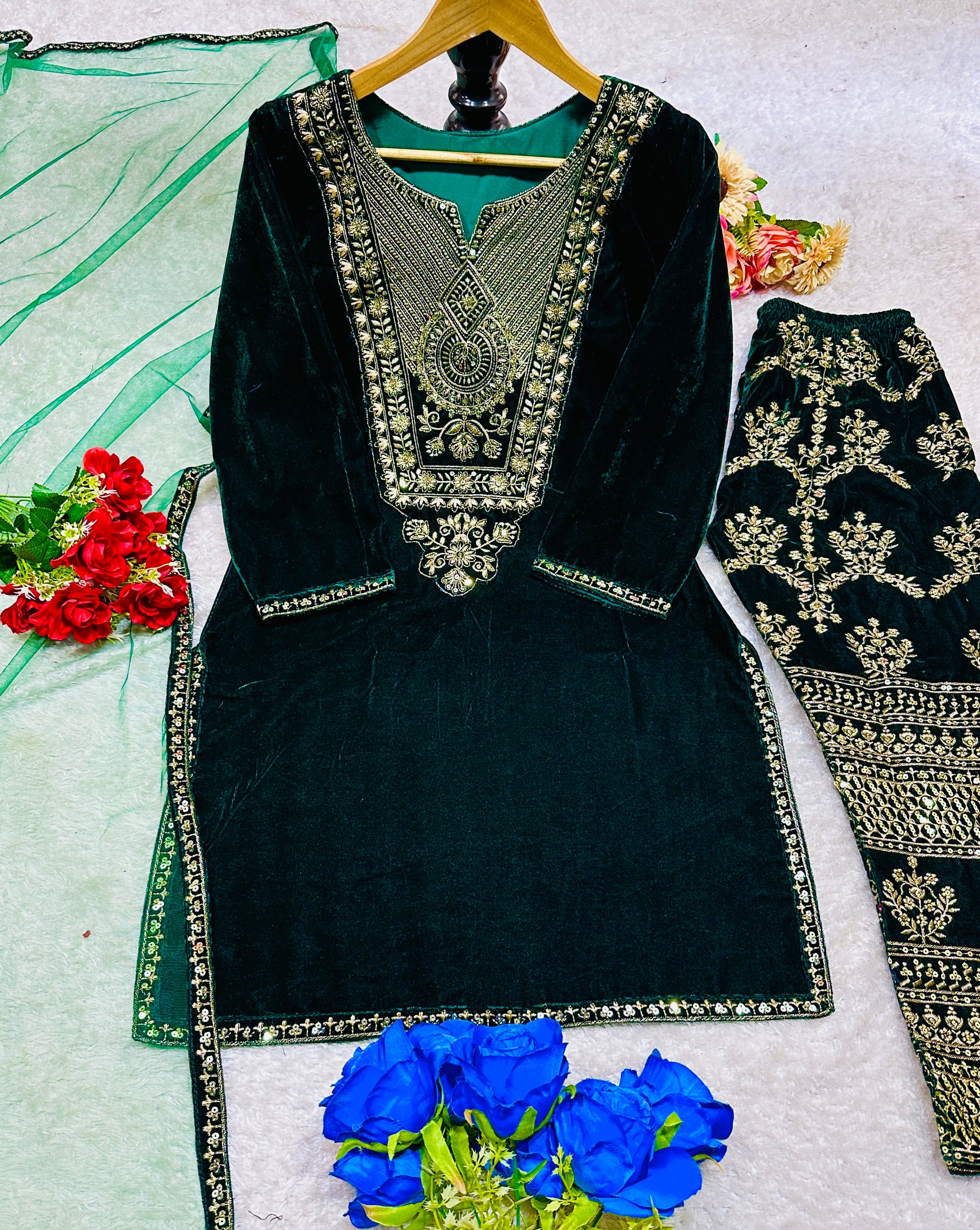 Designer Party Wear Top Pent And Dupatta With Embroidery Work
