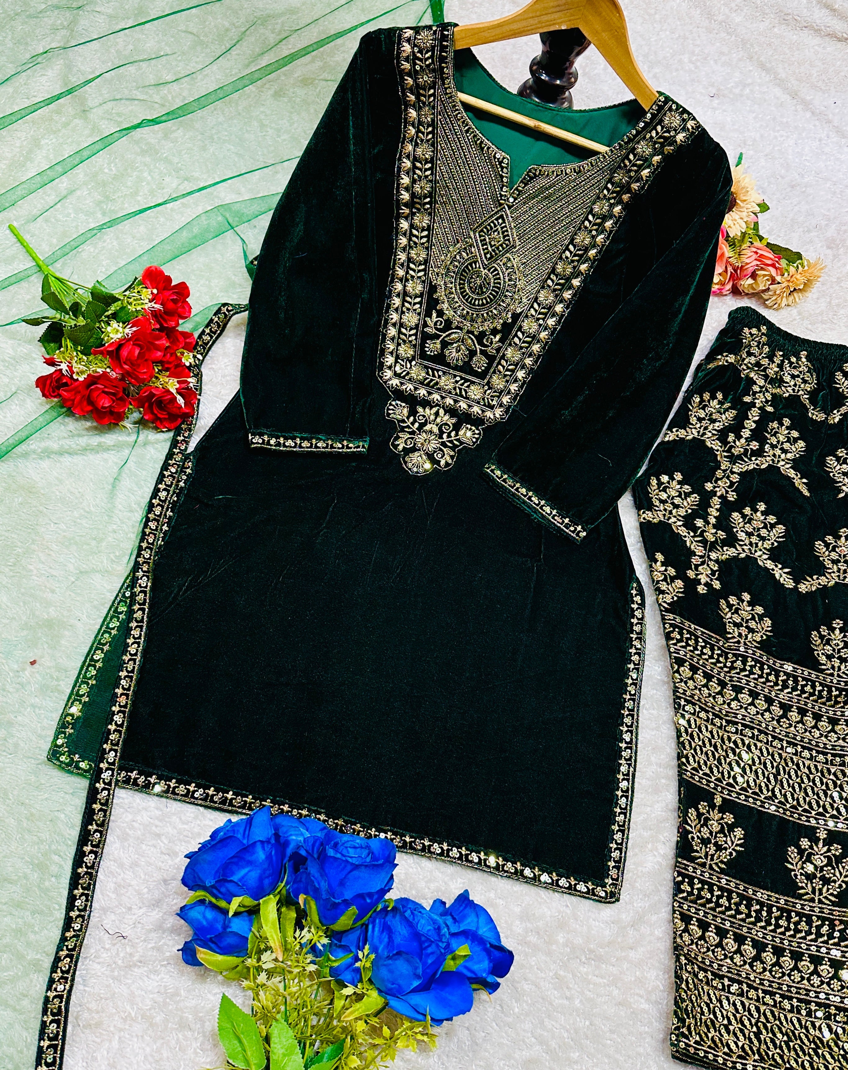 Designer Party Wear Top Pent And Dupatta With Embroidery Work