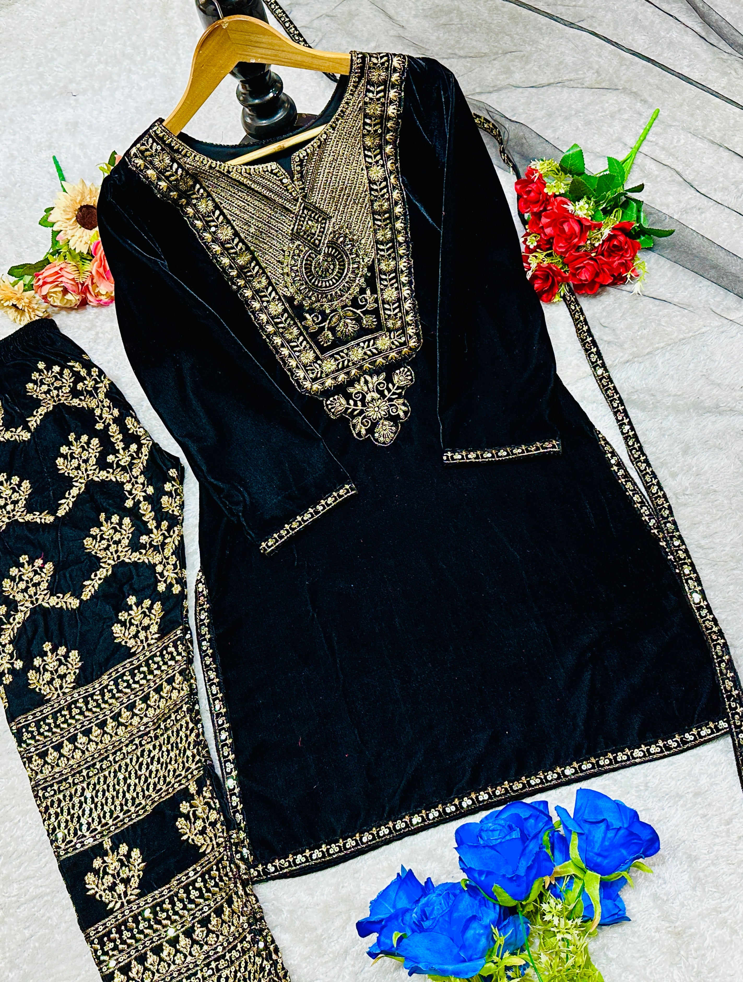 Designer Party Wear Top Pent And Dupatta With Embroidery Work
