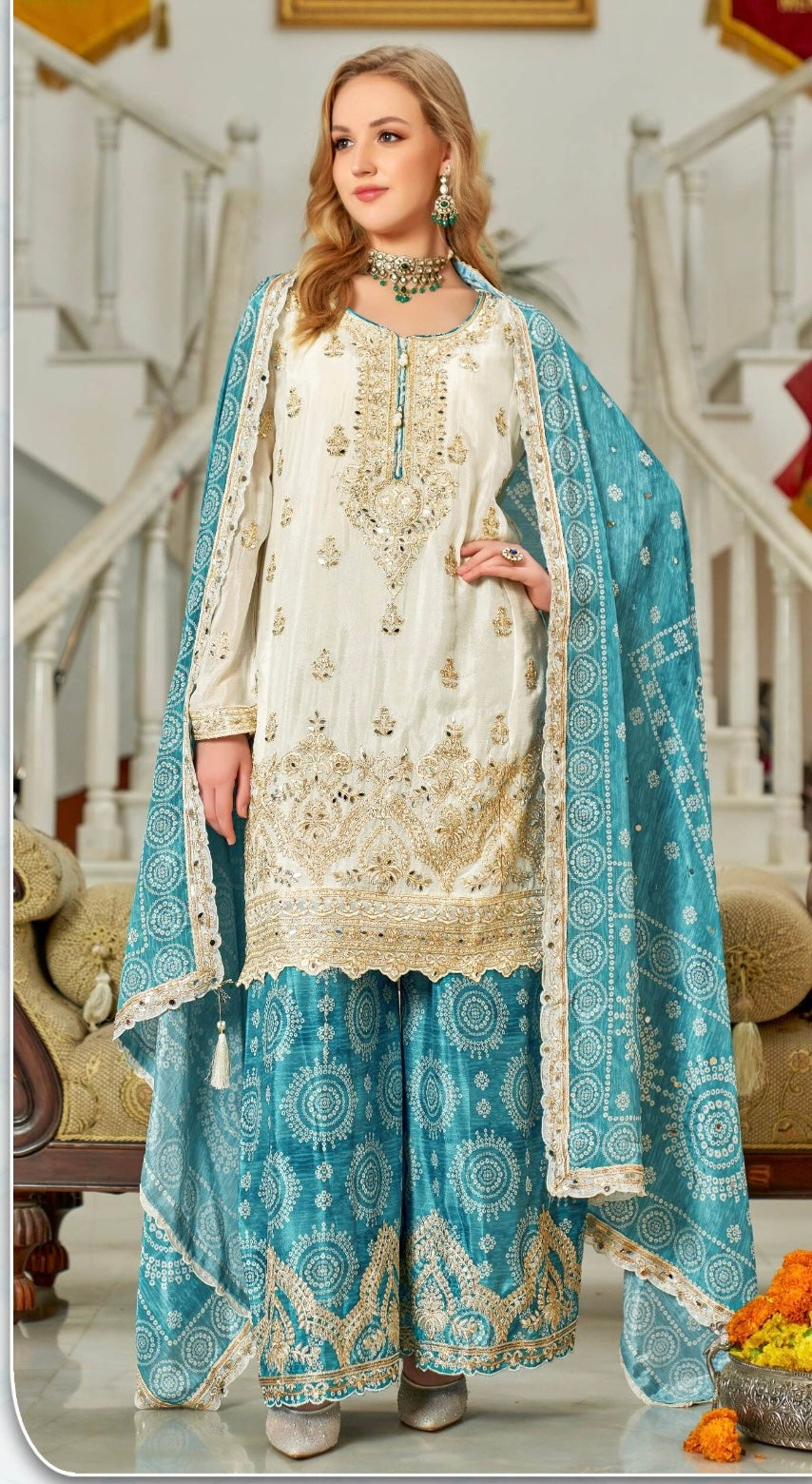 Beautiful Party Wear Top Sharara And Dupatta With Real Mirror Hand Work