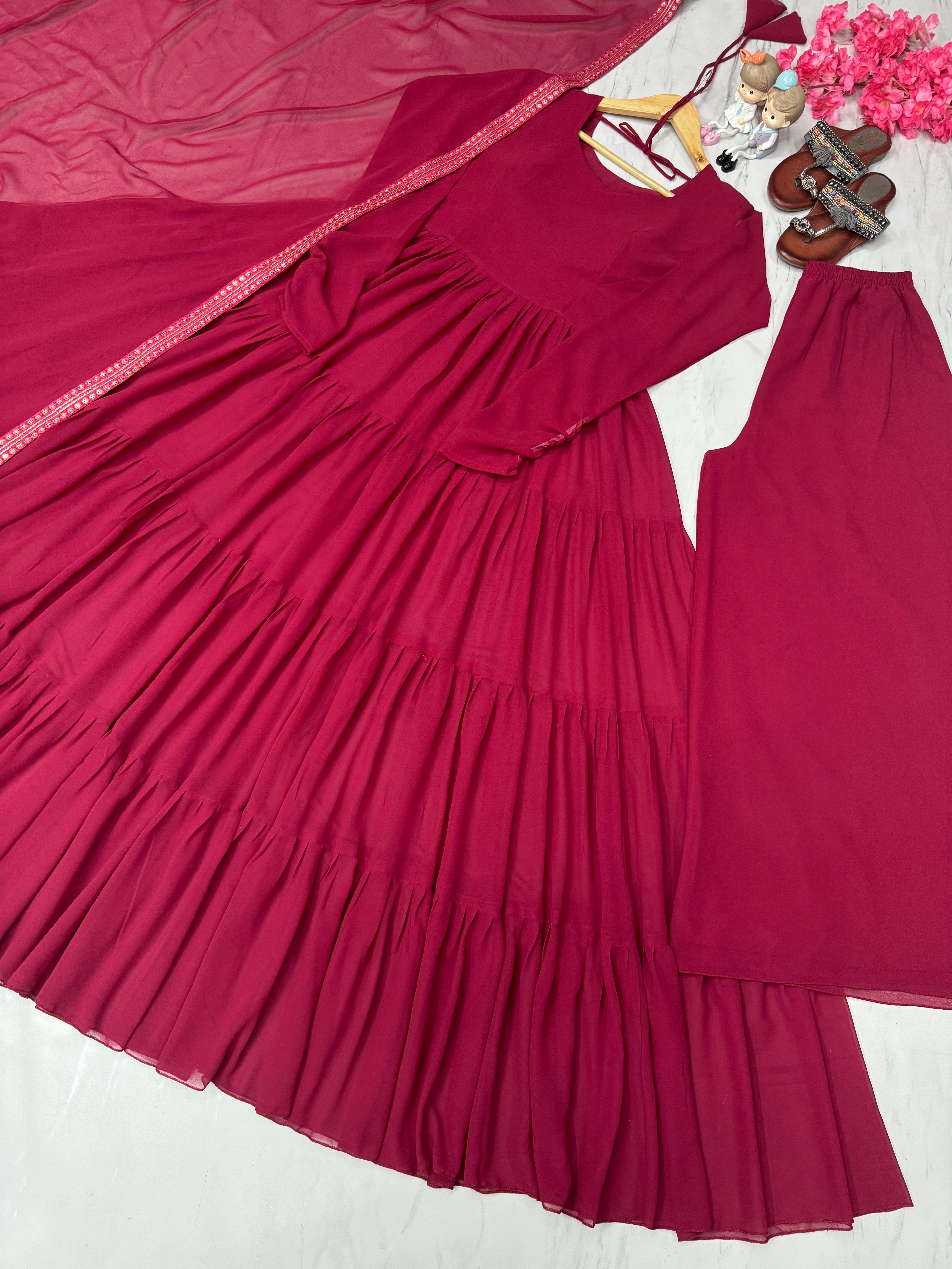 Designer Party Wear Look Fancy Ruffles Gown, Dupatta & Plazzo Set