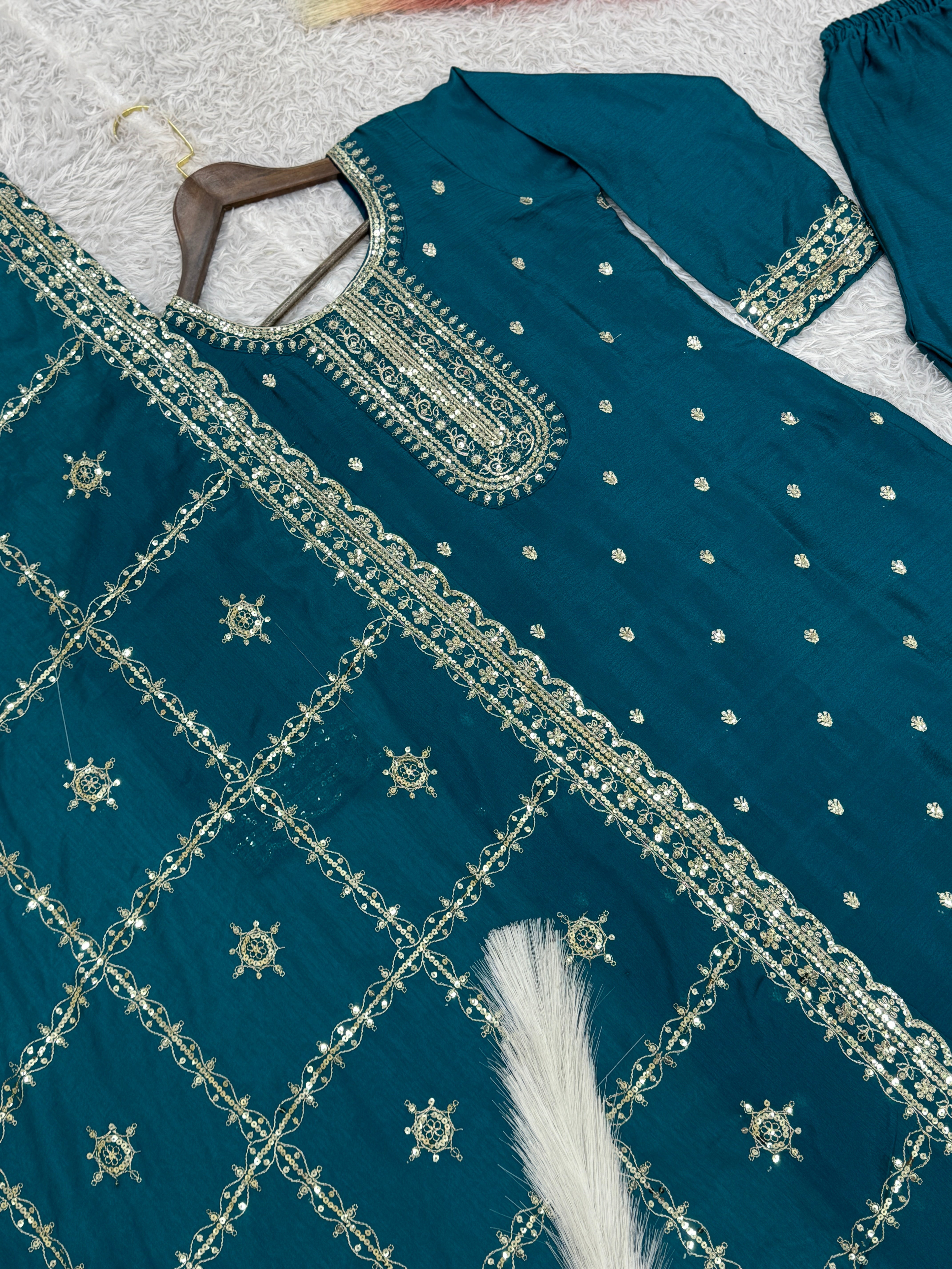 Designer Suit Set With Embroidery And Sequins Work