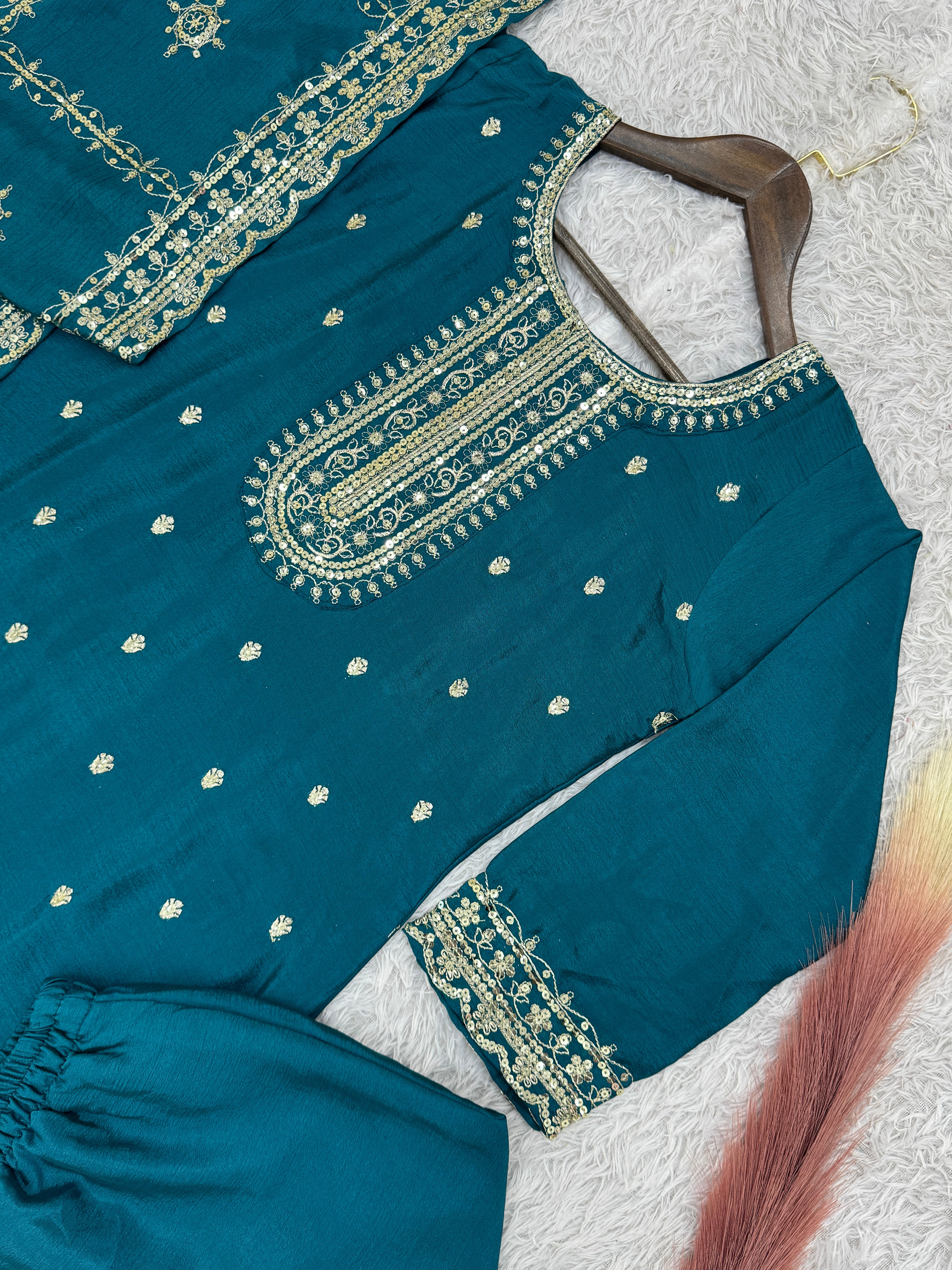 Designer Suit Set With Embroidery And Sequins Work