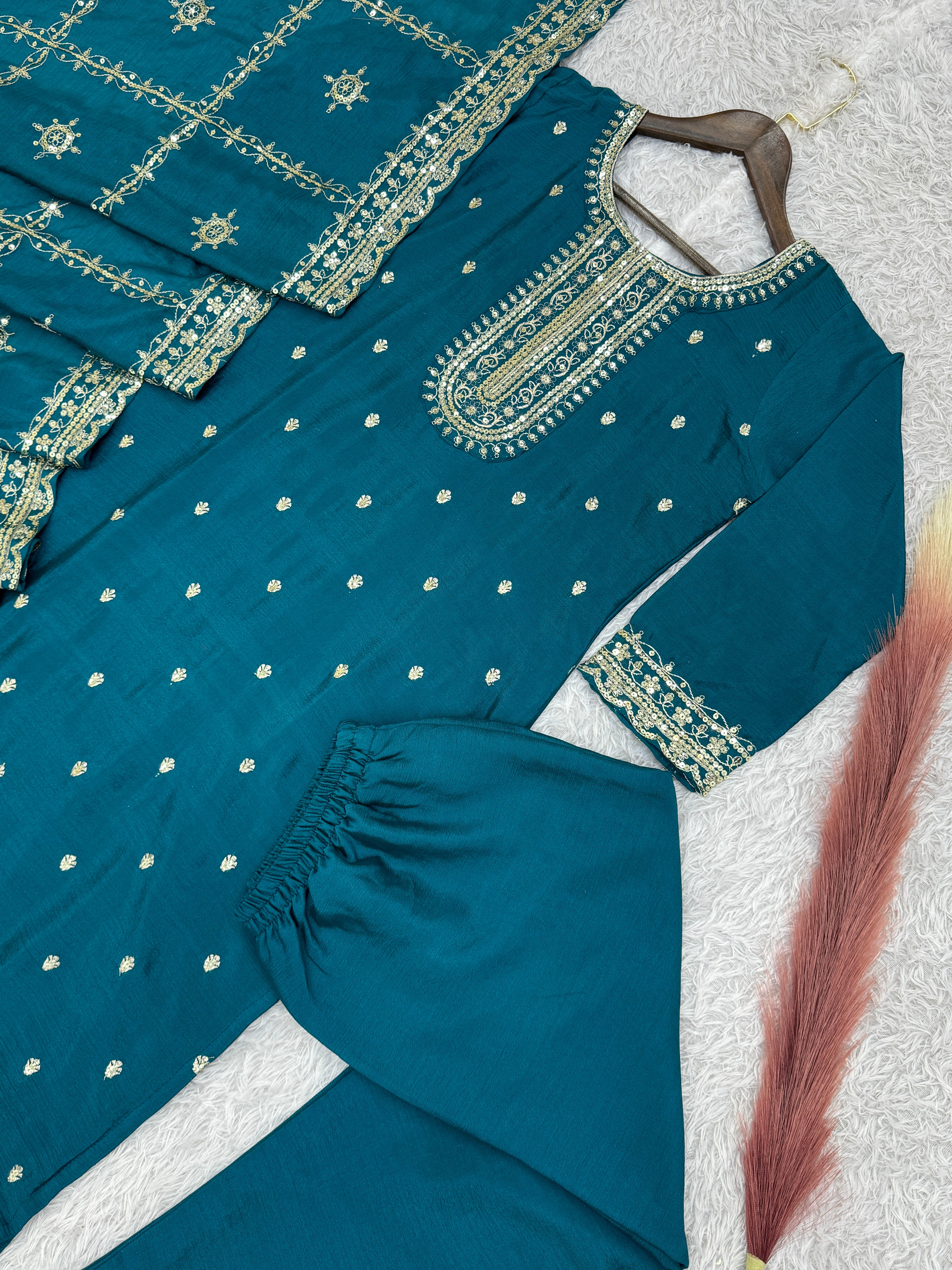 Designer Suit Set With Embroidery And Sequins Work