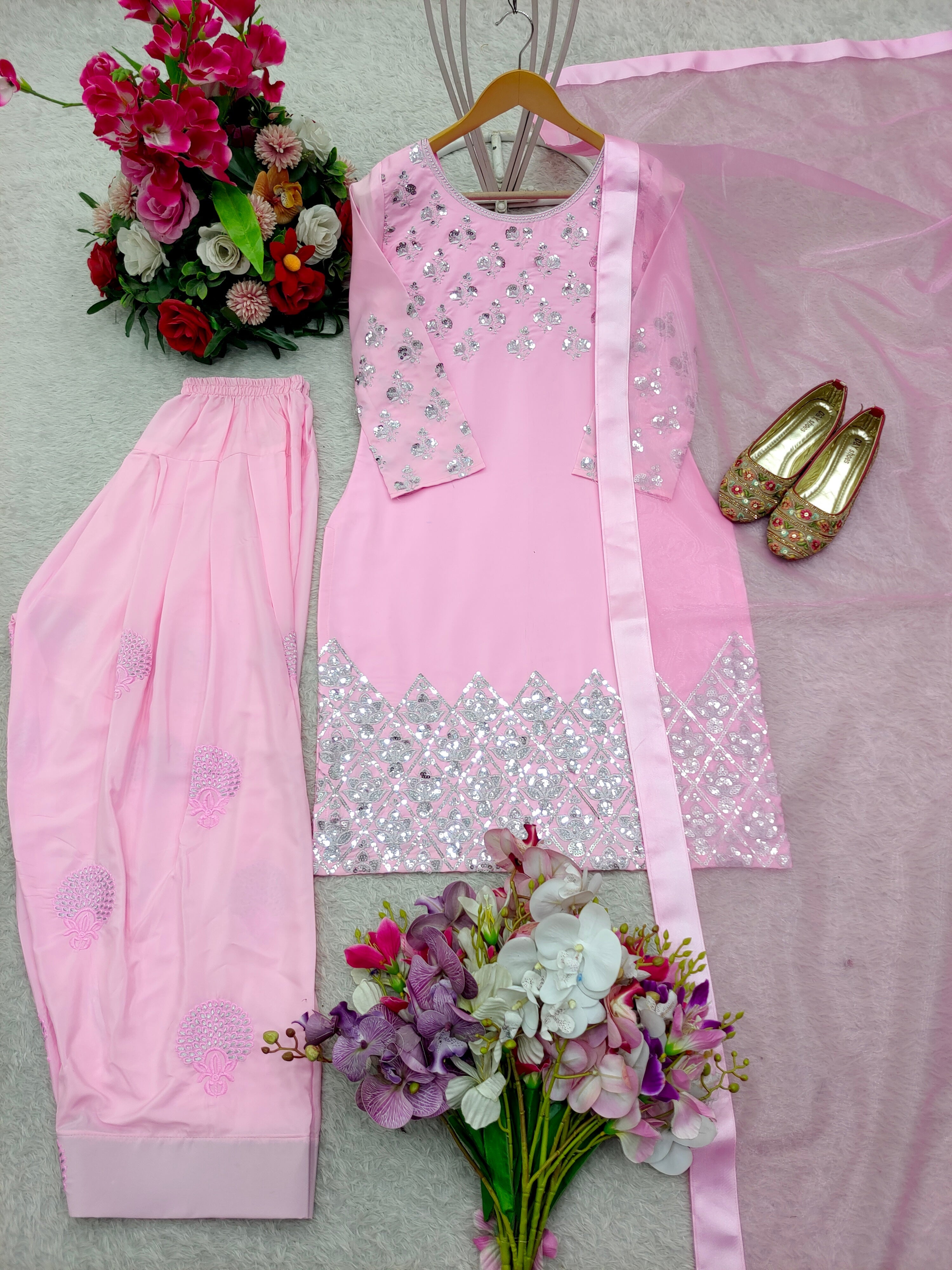 Beautiful Top-Bottom And Dupatta With Heavy Embroidery Sequence Work