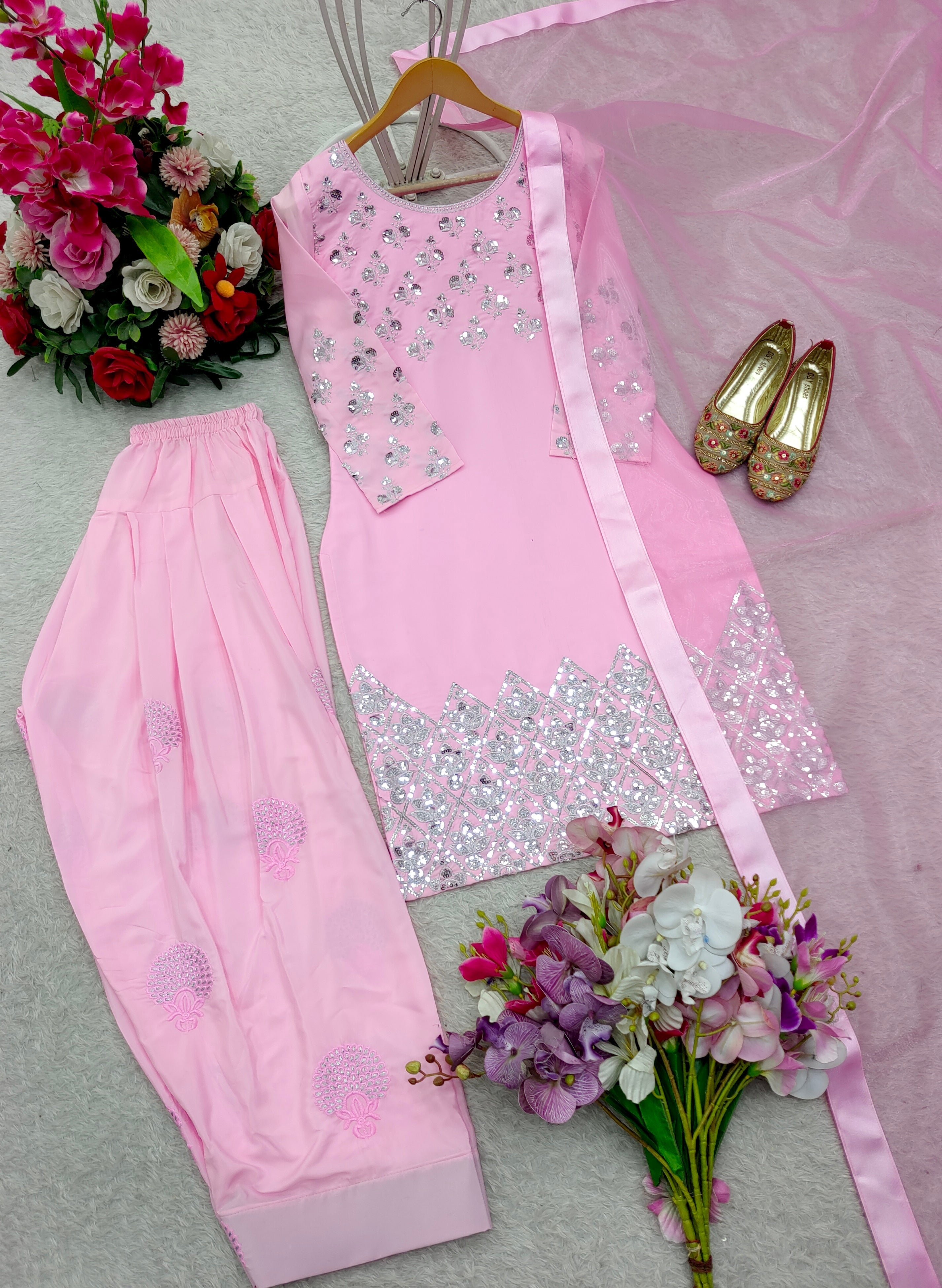Beautiful Top-Bottom And Dupatta With Heavy Embroidery Sequence Work