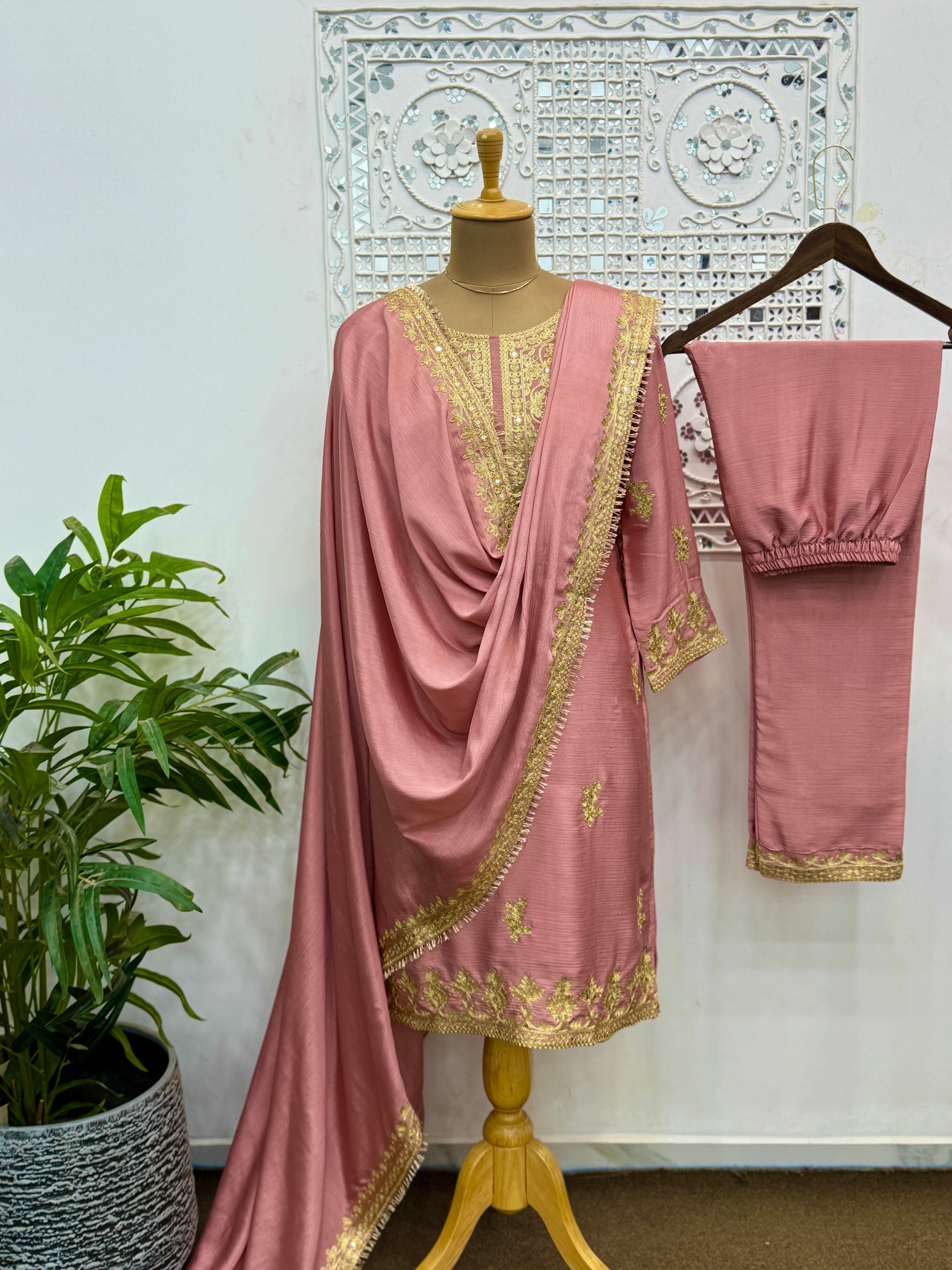 Fancy Suit Set With Embroidery Sequence Work Lace Border