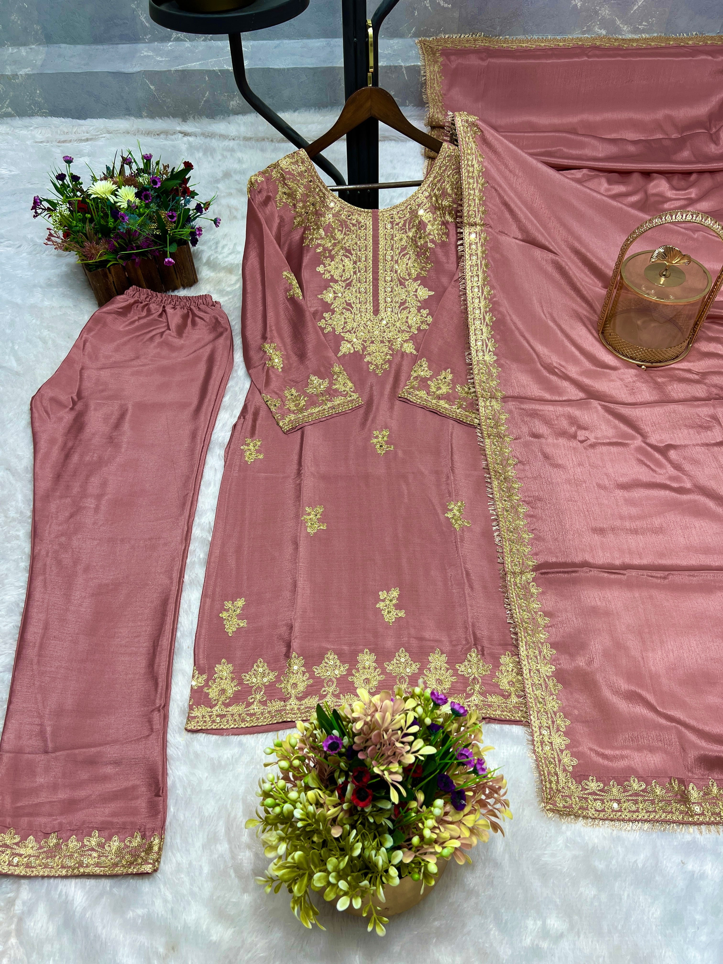 Fancy Suit Set With Embroidery Sequence Work Lace Border