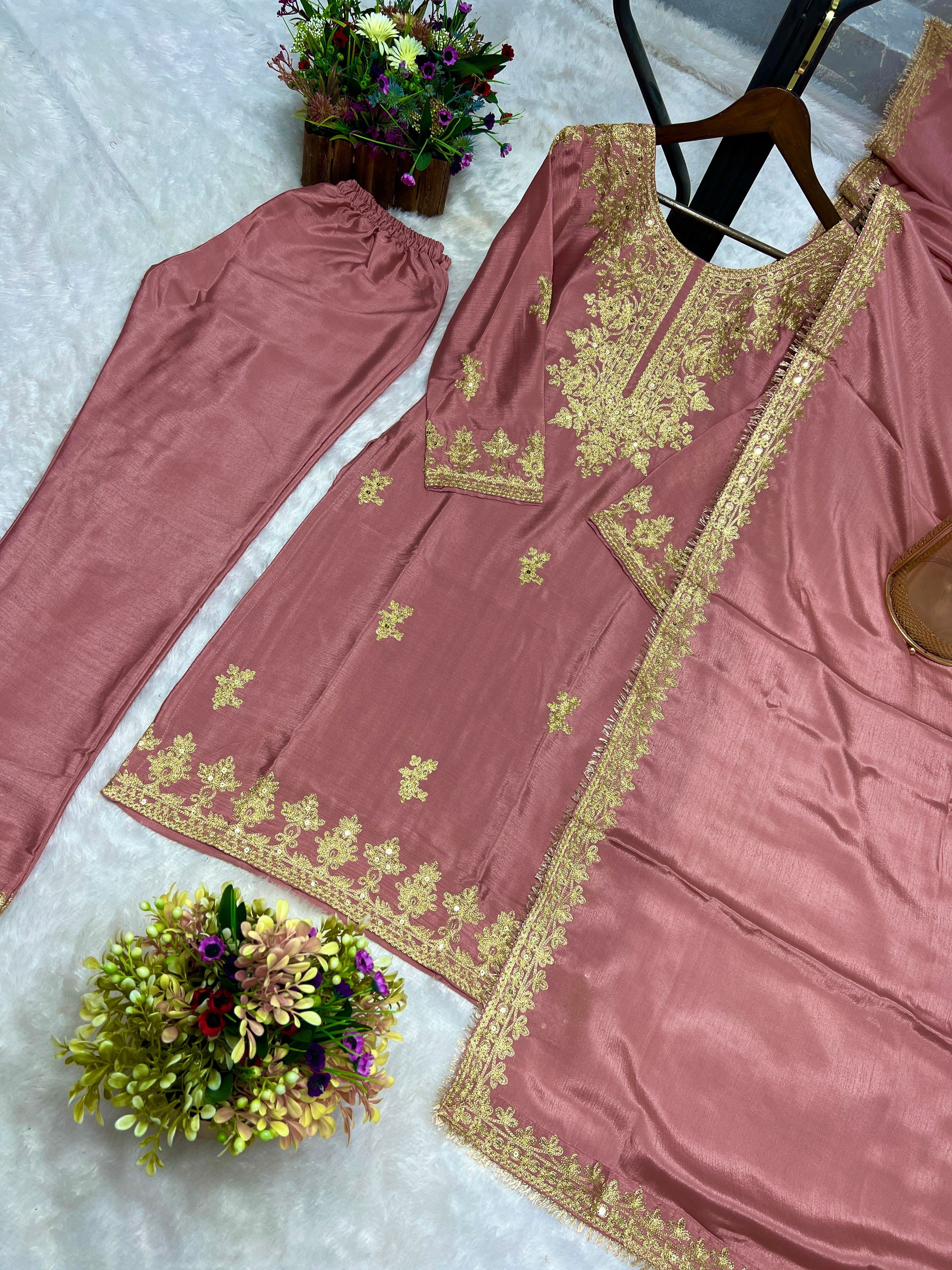 Fancy Suit Set With Embroidery Sequence Work Lace Border