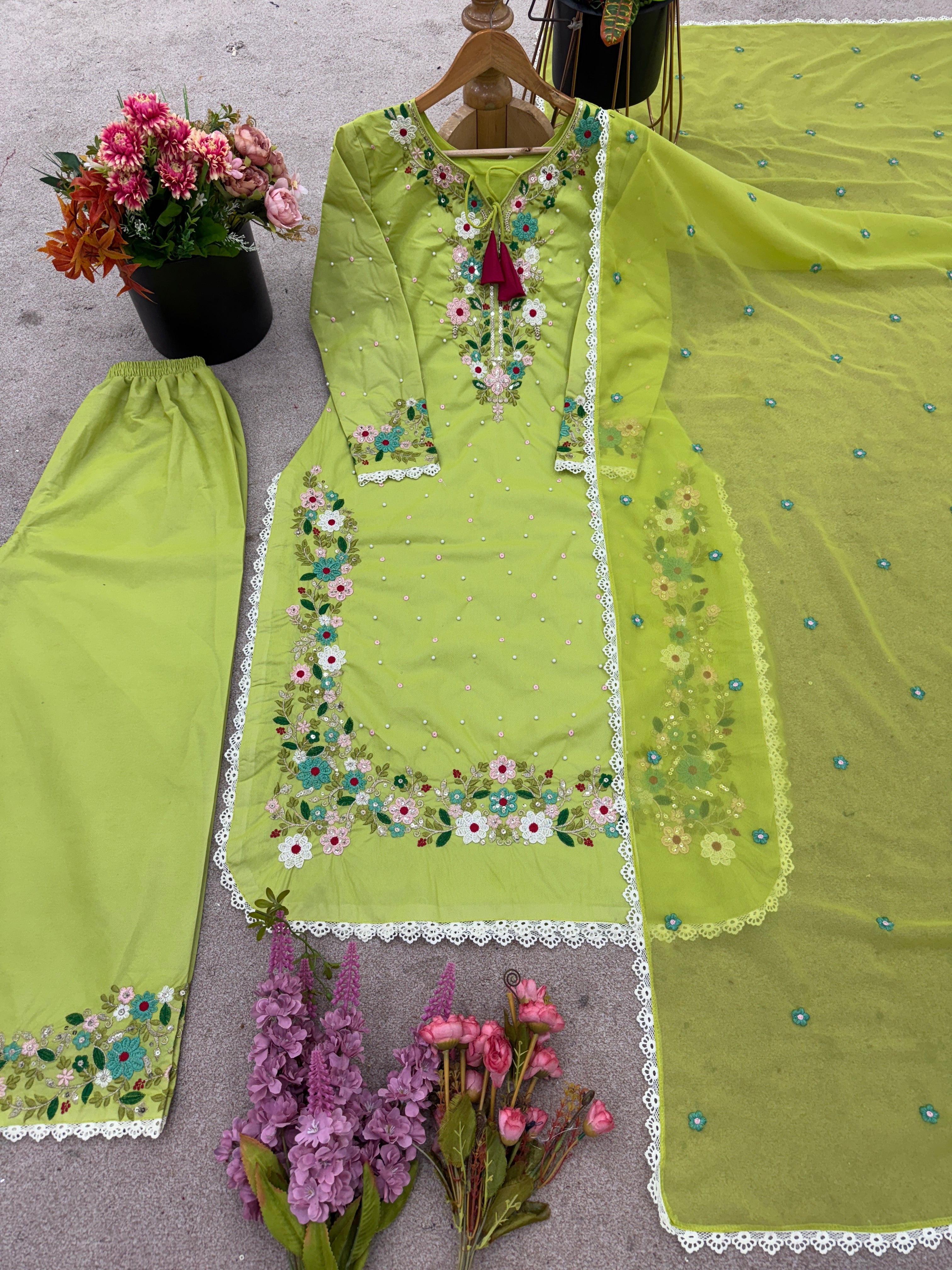 Designer Party Wear Top-Plazzo And Dupatta With Heavy Embroidery Work