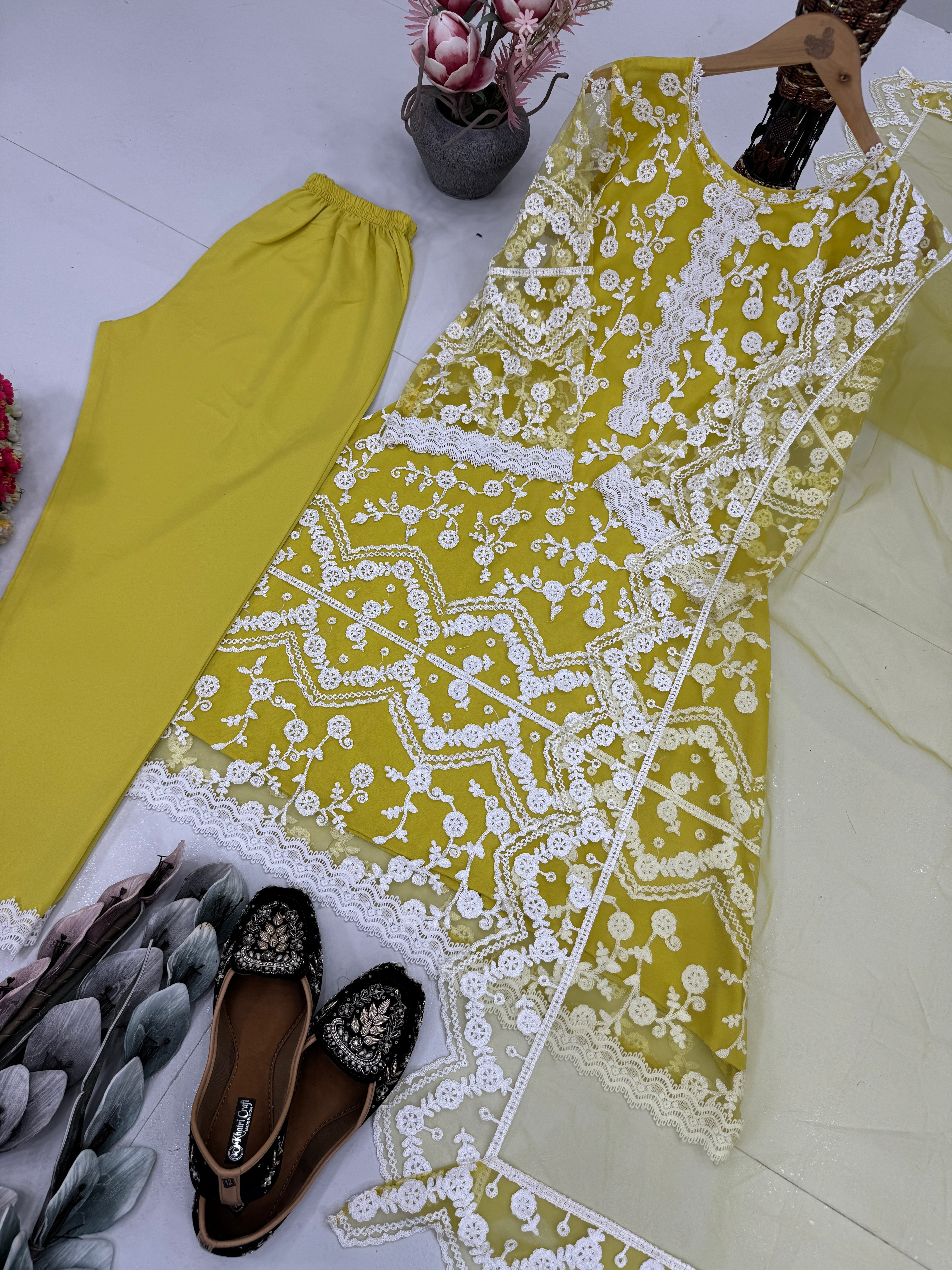 Designer Party Wear Top Plazzo And Dupatta With Embroidery Work