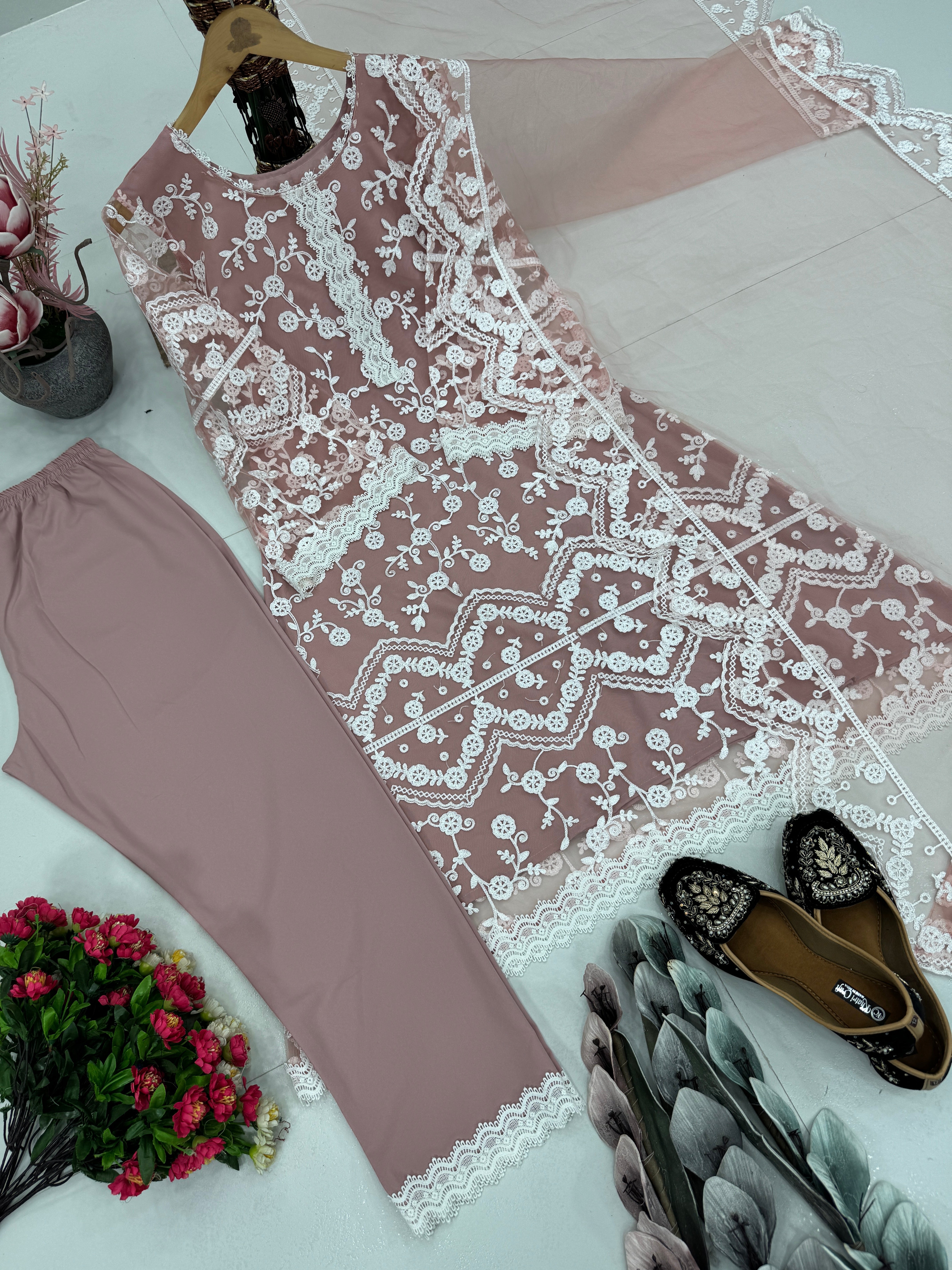 Designer Party Wear Top Plazzo And Dupatta With Embroidery Work