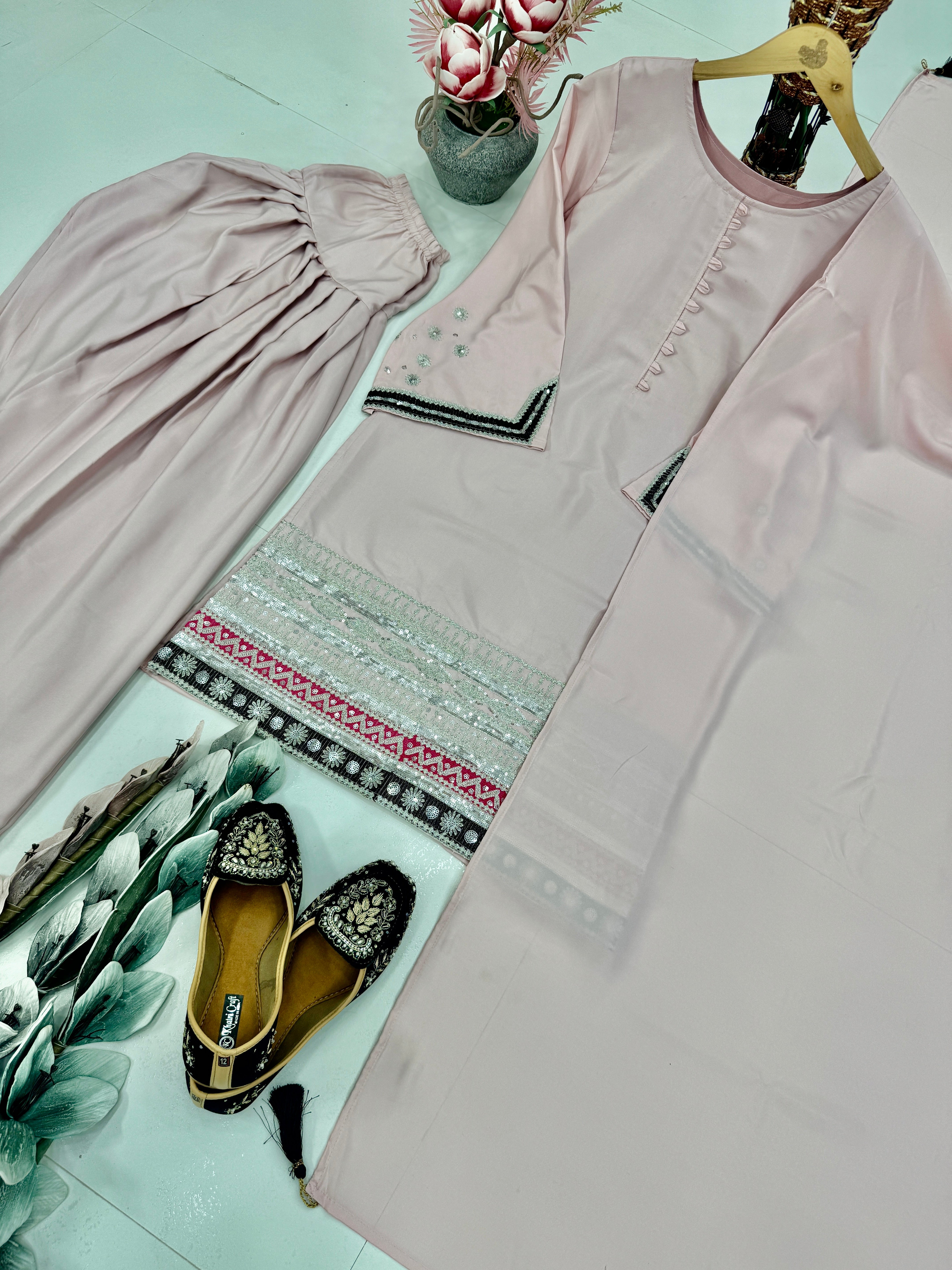 Fancy Top Pent And Dupatta With Embroidery Sequence Work