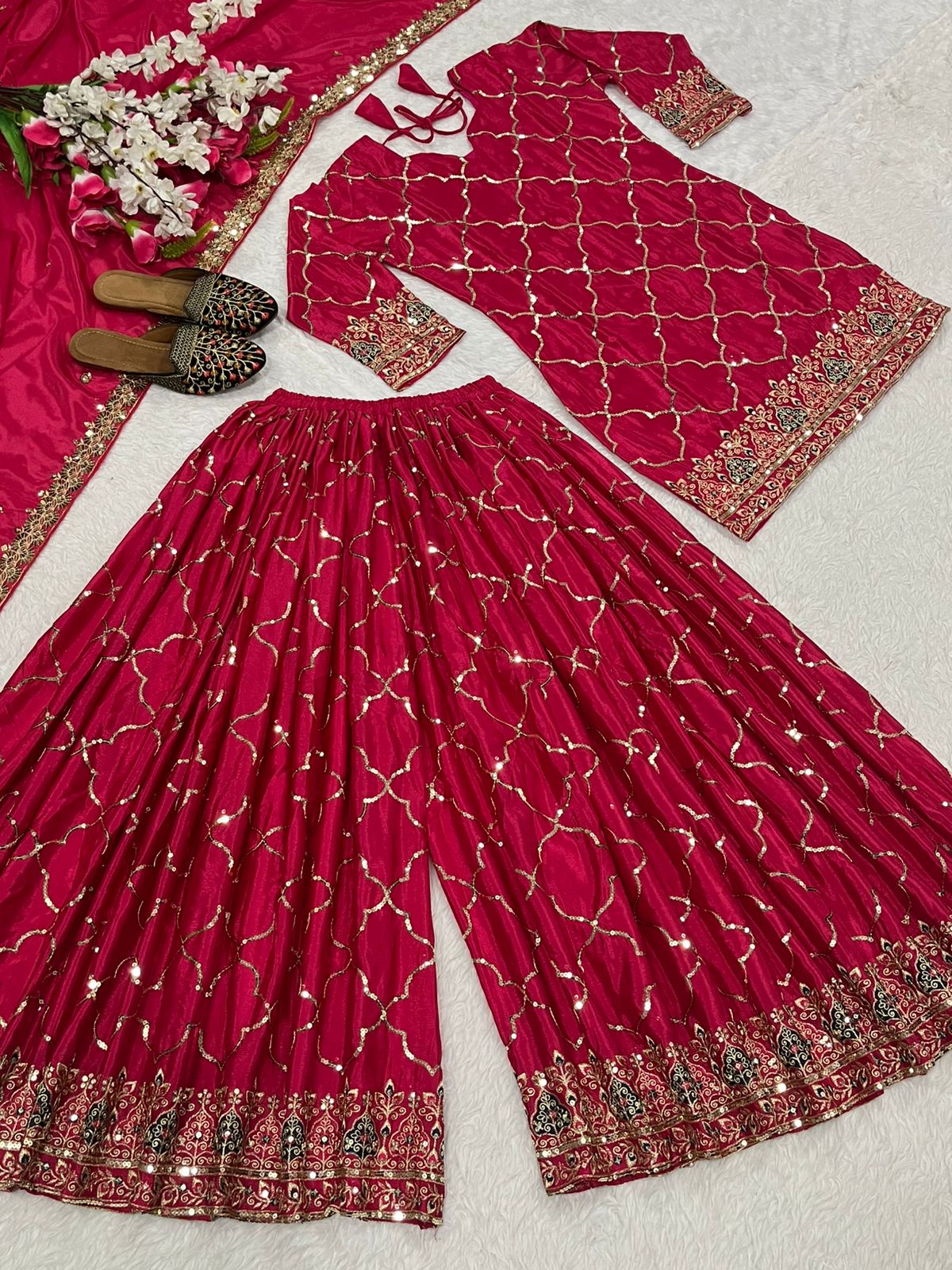 Designer Party Wear Look Top, Sharara Plazzo And Dupatta