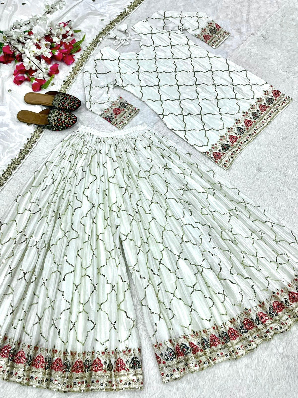 Designer Party Wear Look Top, Sharara Plazzo And Dupatta