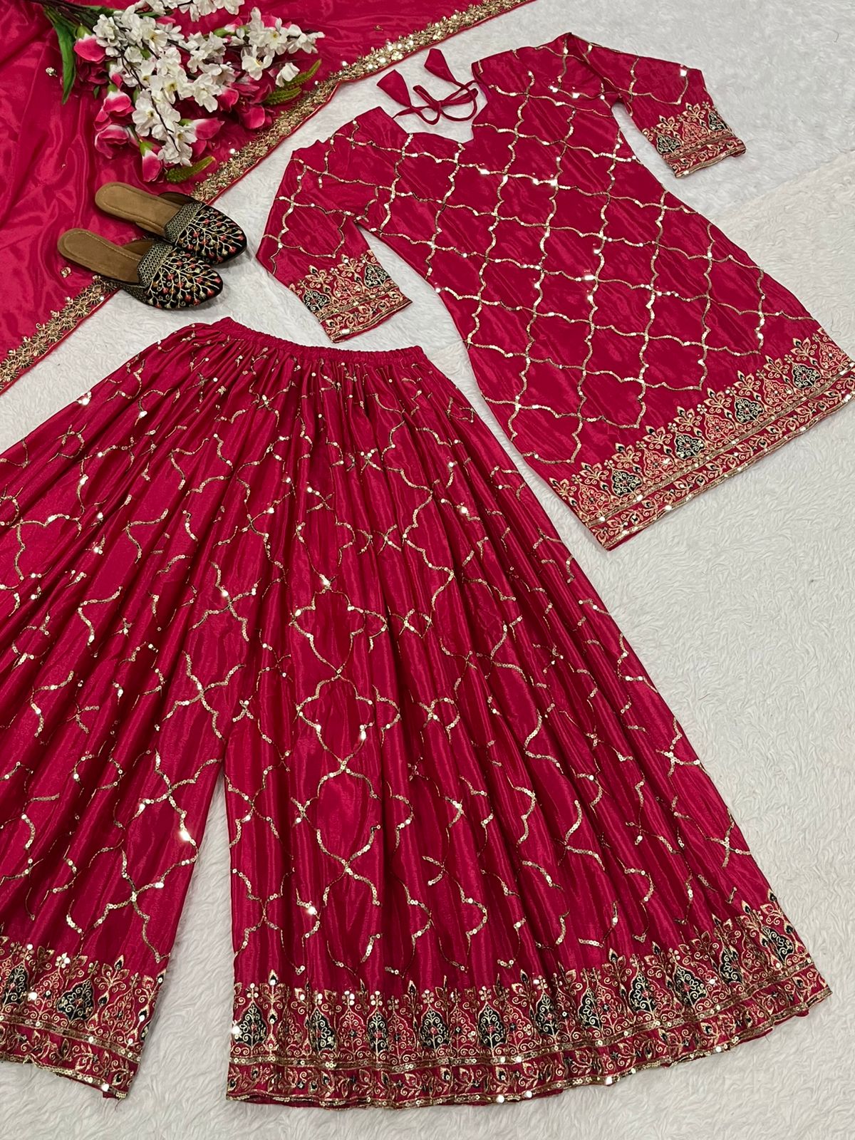Designer Party Wear Look Top, Sharara Plazzo And Dupatta