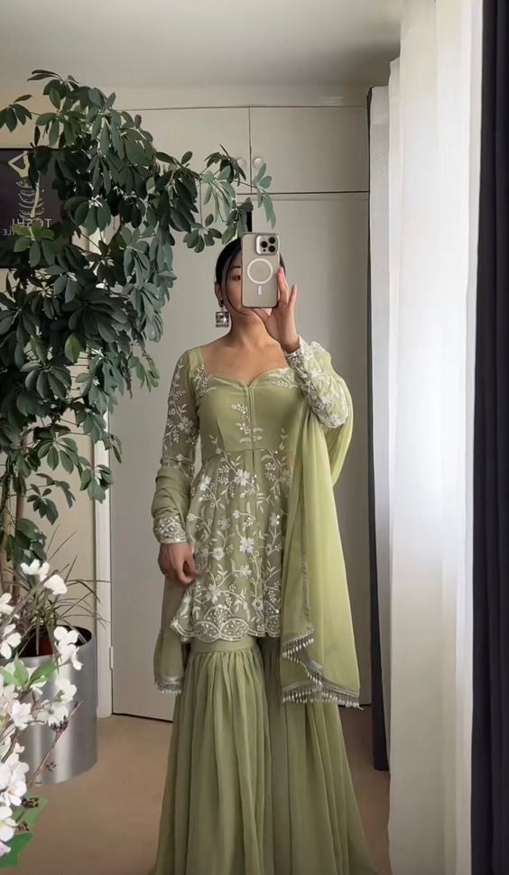 Fancy Party Wear Top Sharara And Dupatta With Stitched Work