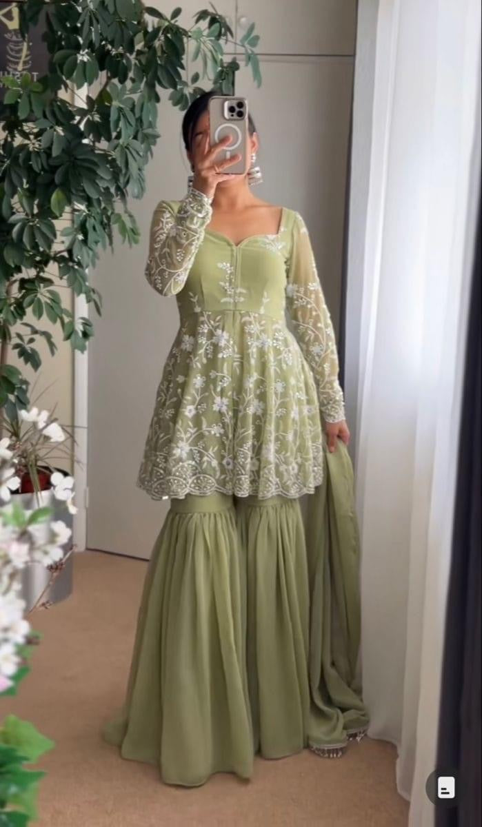 Fancy Party Wear Top Sharara And Dupatta With Stitched Work