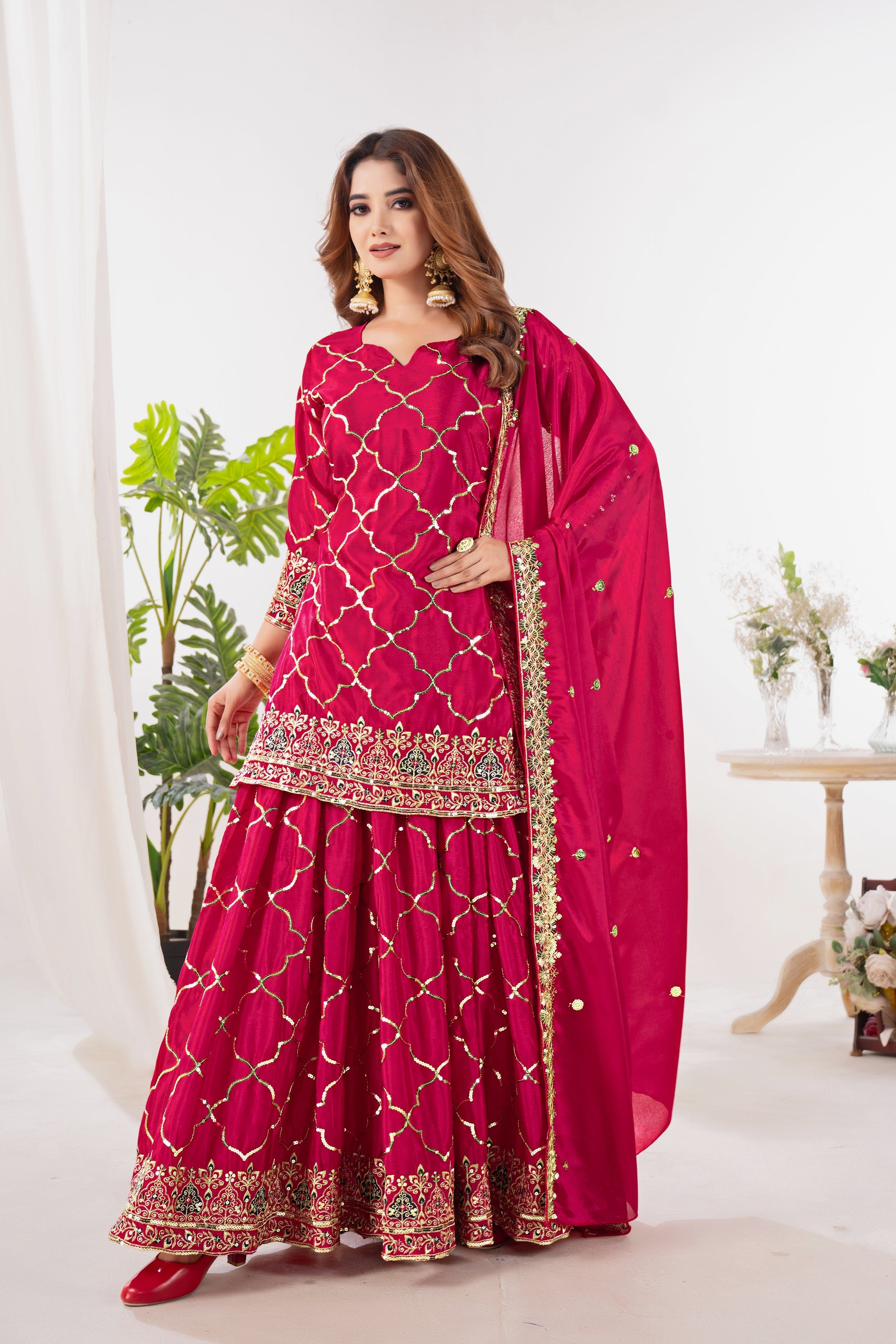 Designer Party Wear Look Top, Sharara Plazzo And Dupatta