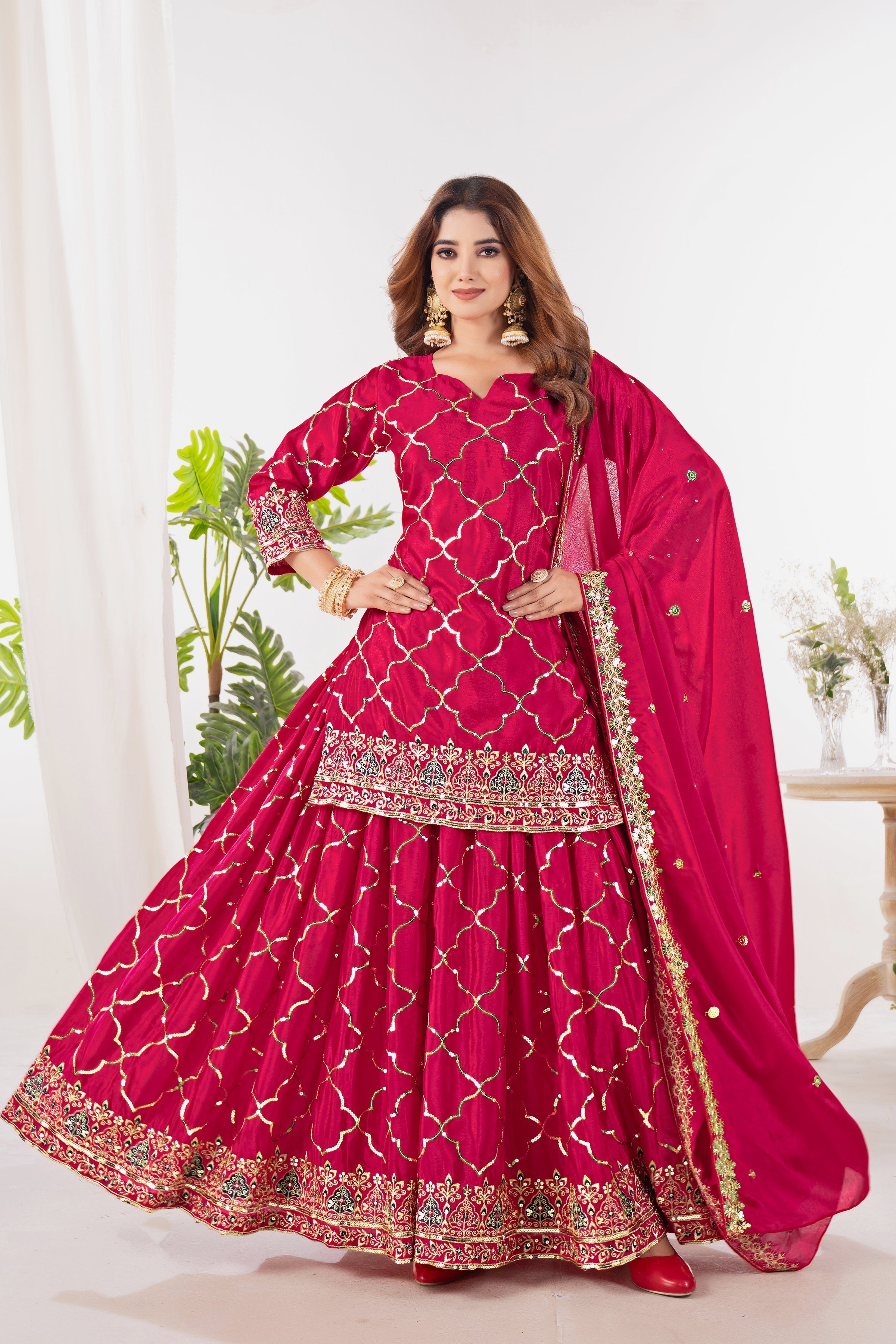 Designer Party Wear Look Top, Sharara Plazzo And Dupatta