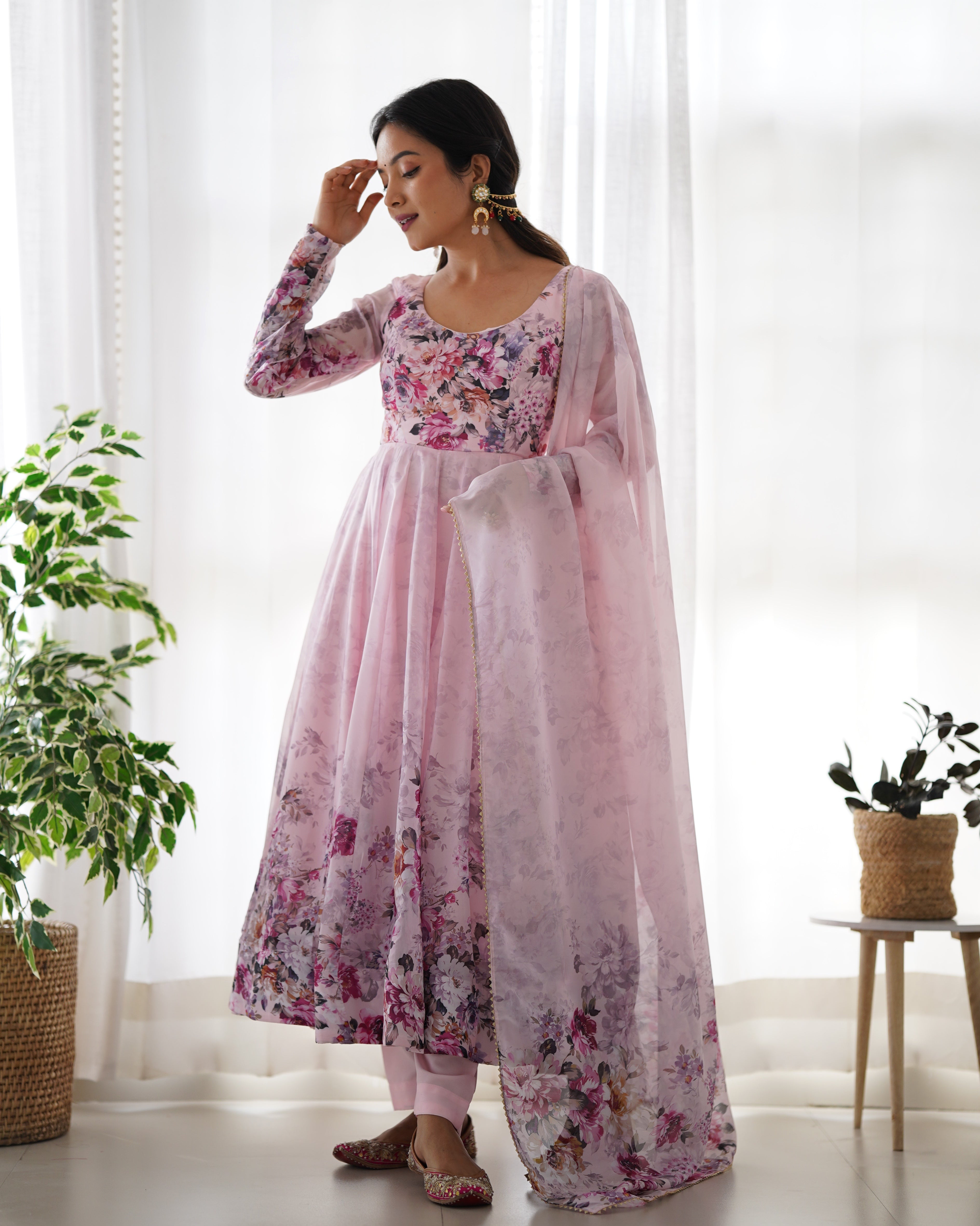 Party Wear Anarkali Gown And Pent With Dupatta With Floral Print