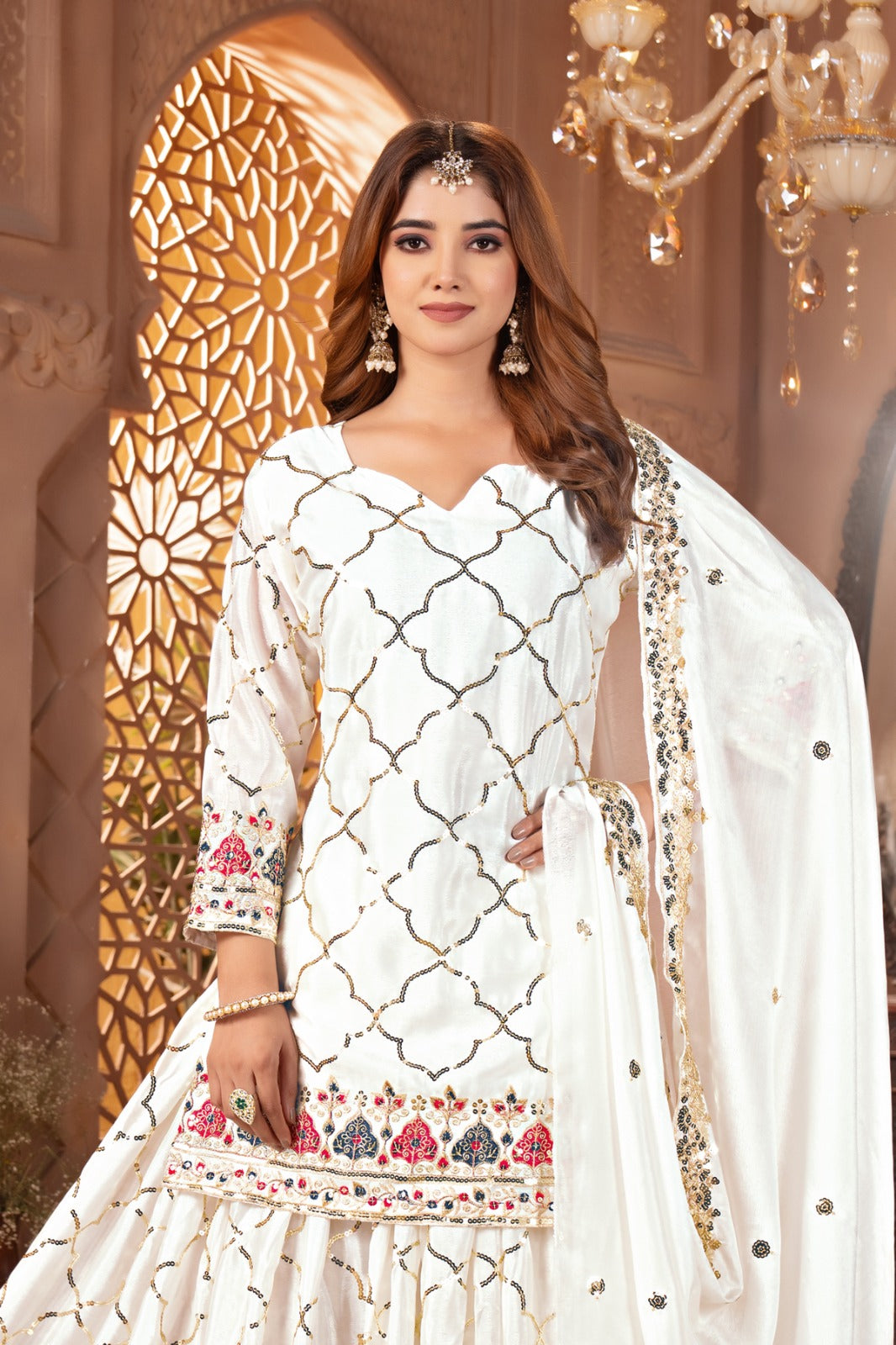 Designer Party Wear Look Top, Sharara Plazzo And Dupatta
