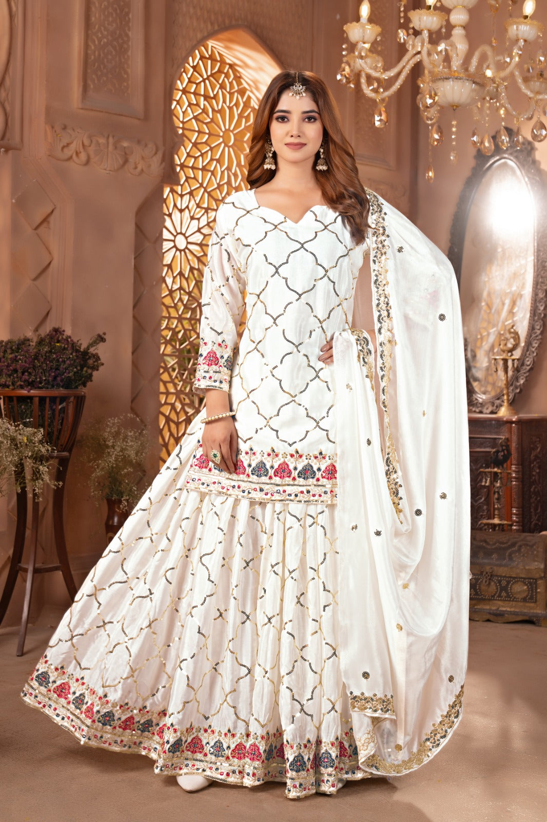 Designer Party Wear Look Top, Sharara Plazzo And Dupatta