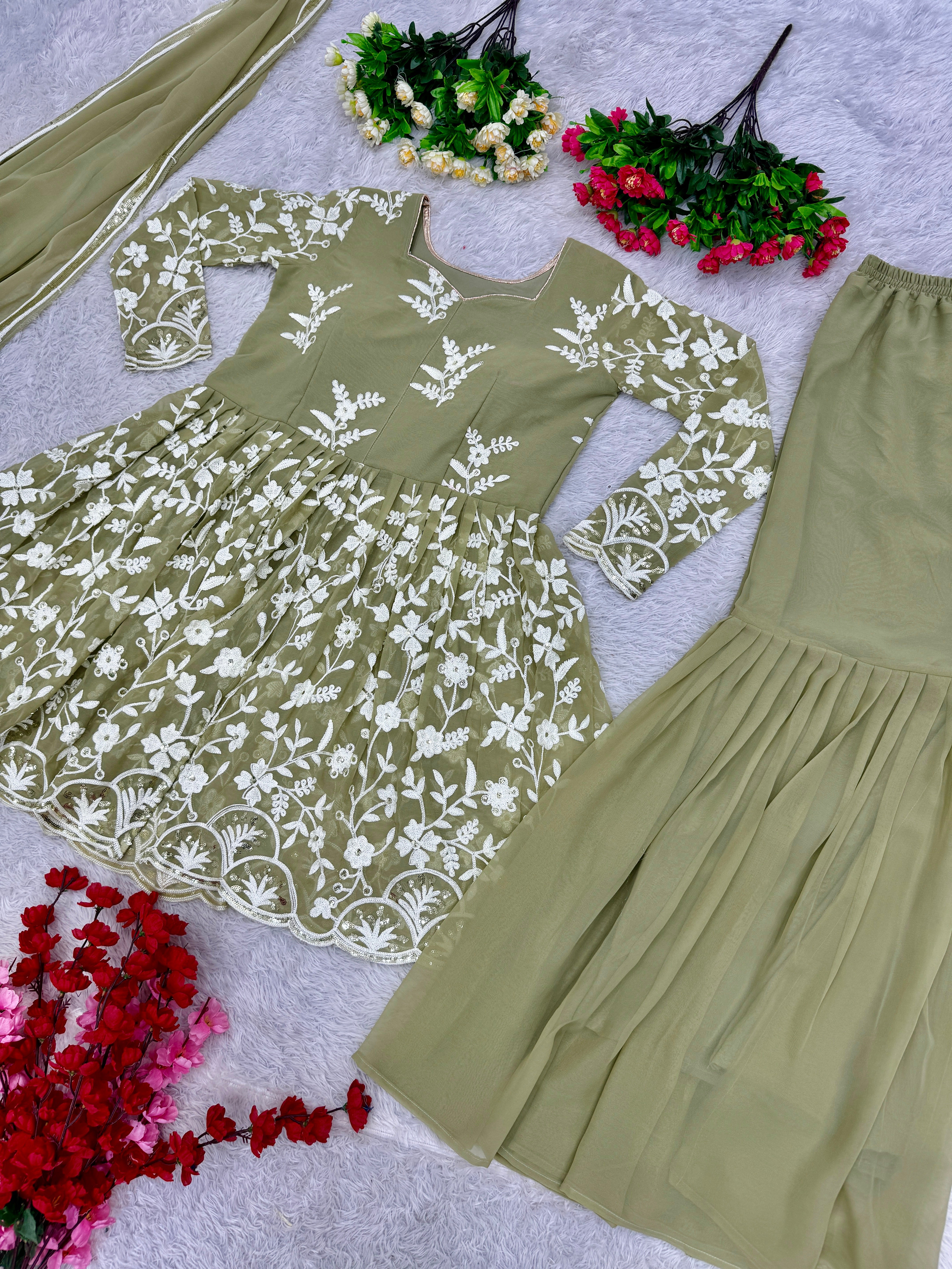 Fancy Party Wear Top Sharara And Dupatta With Stitched Work