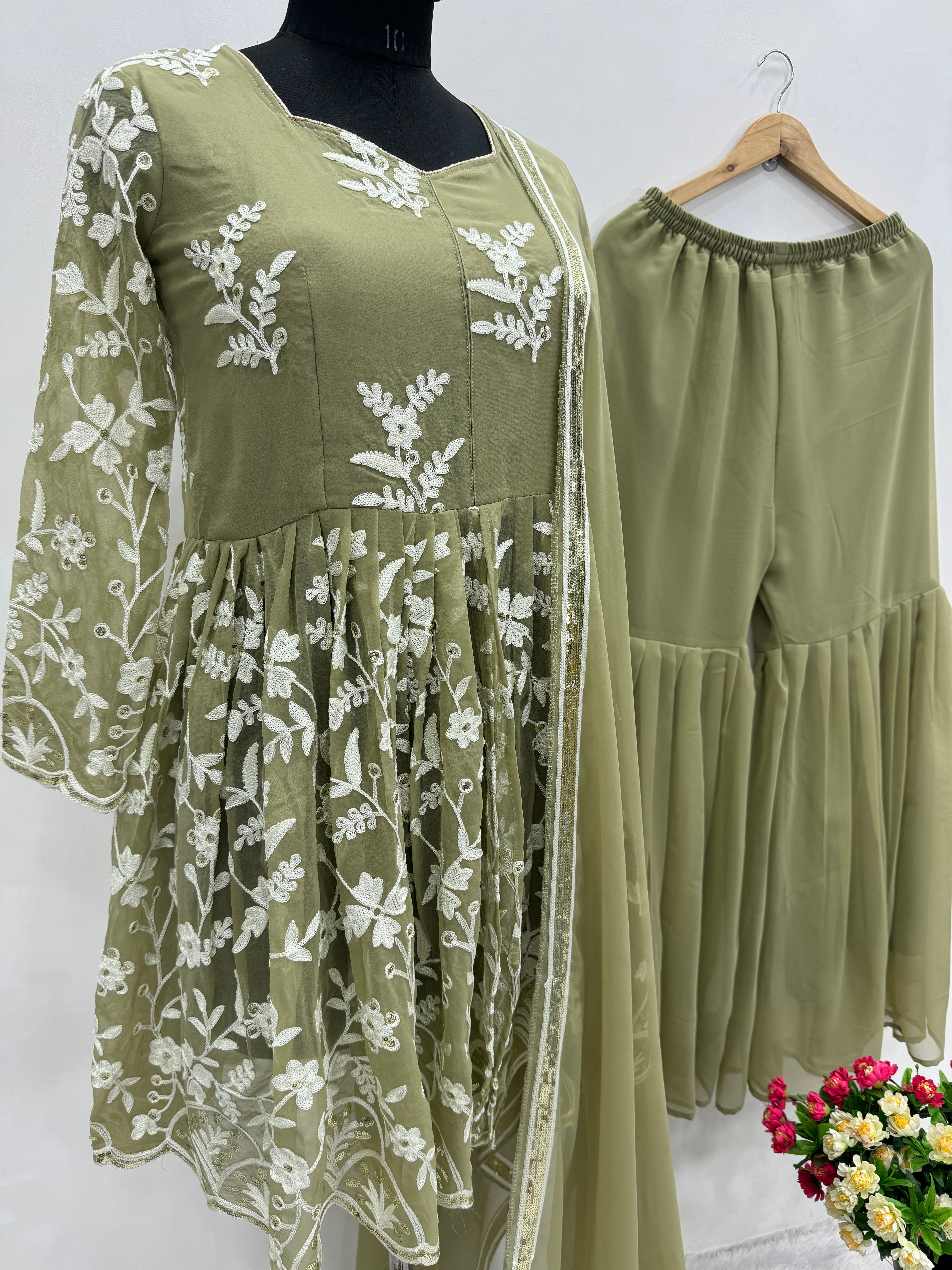 Fancy Party Wear Top Sharara And Dupatta With Stitched Work