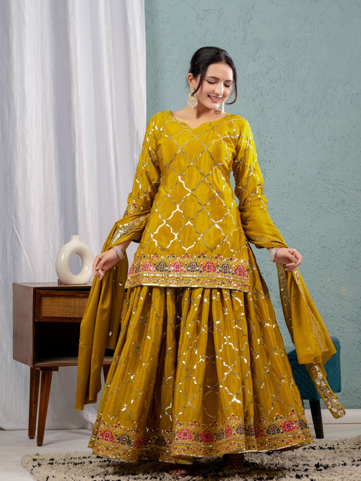 Designer Party Wear Look Top, Sharara Plazzo And Dupatta