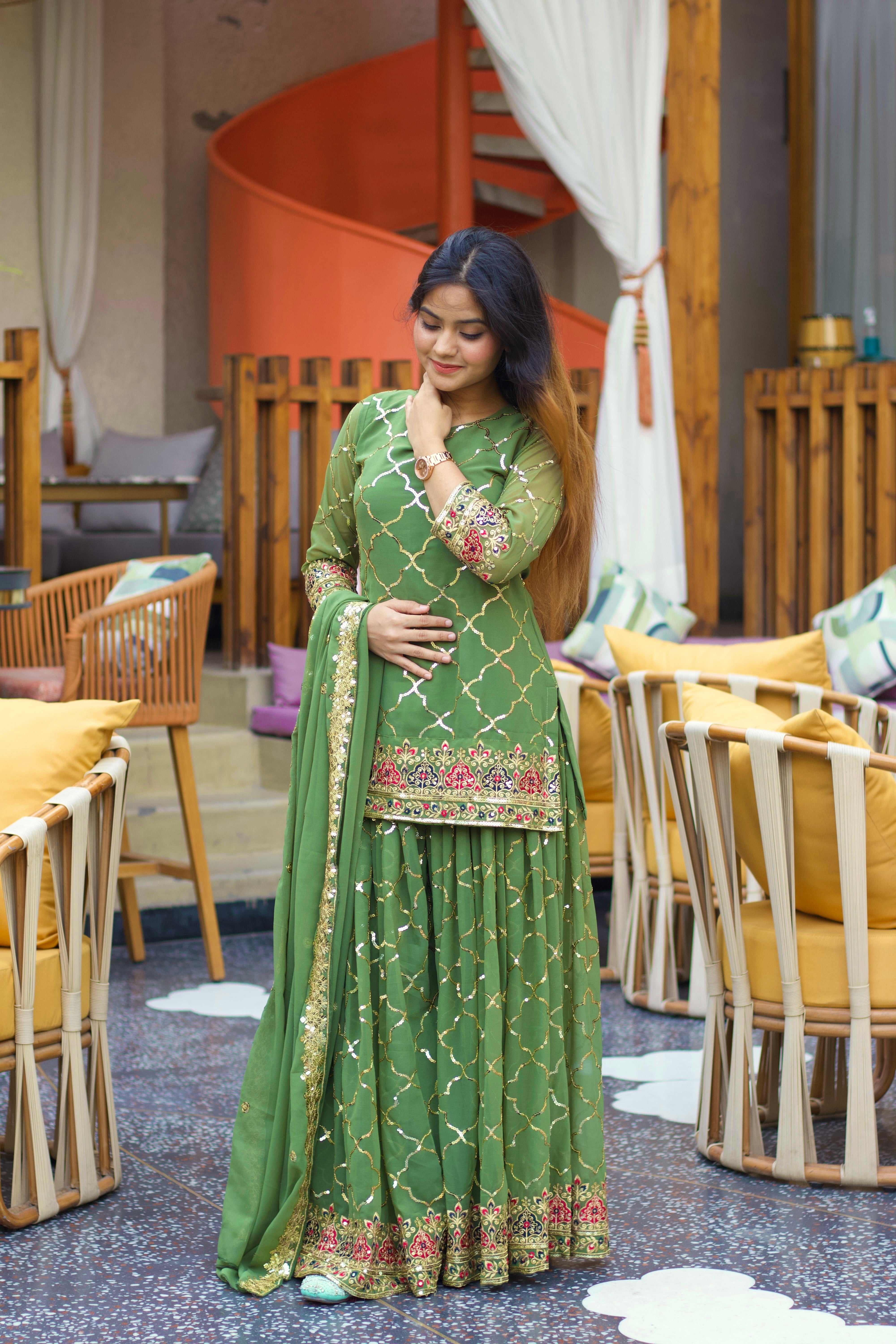 Designer Party Wear Look Top, Sharara Plazzo And Dupatta