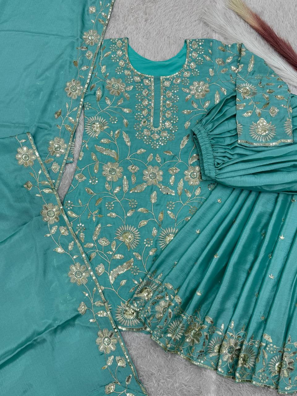 Party Wear Suit Set With Embroidery And Sequence Work