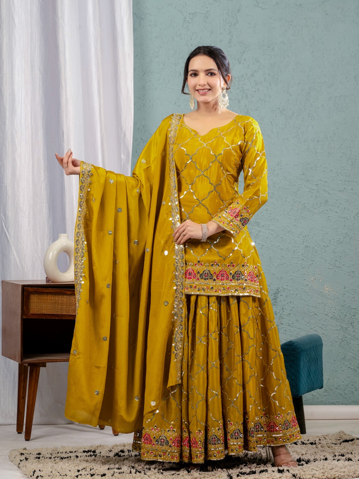 Designer Party Wear Look Top, Sharara Plazzo And Dupatta
