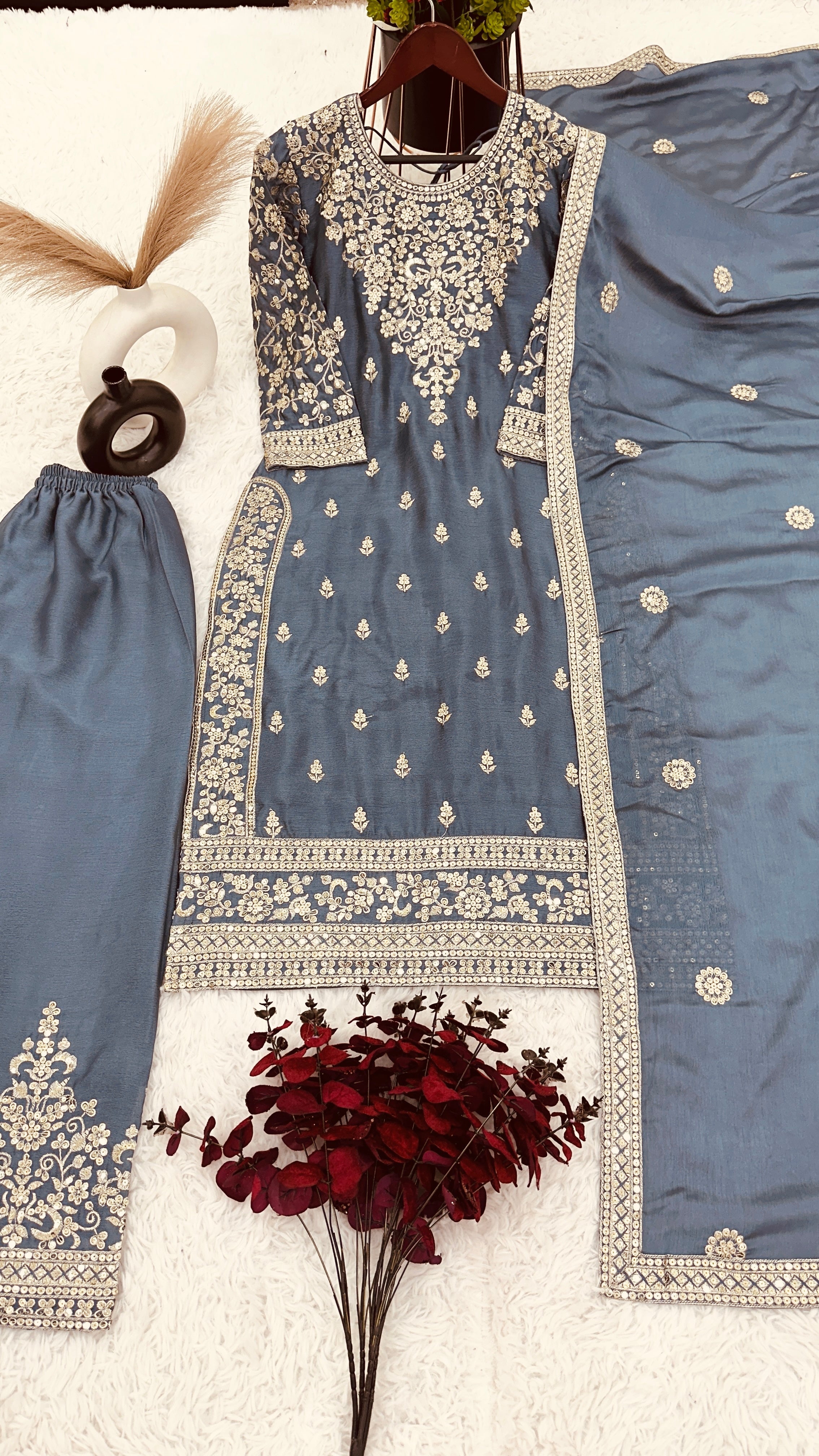 Beautiful Top-Bottom And Dupatta With Embroidery Sequence Work