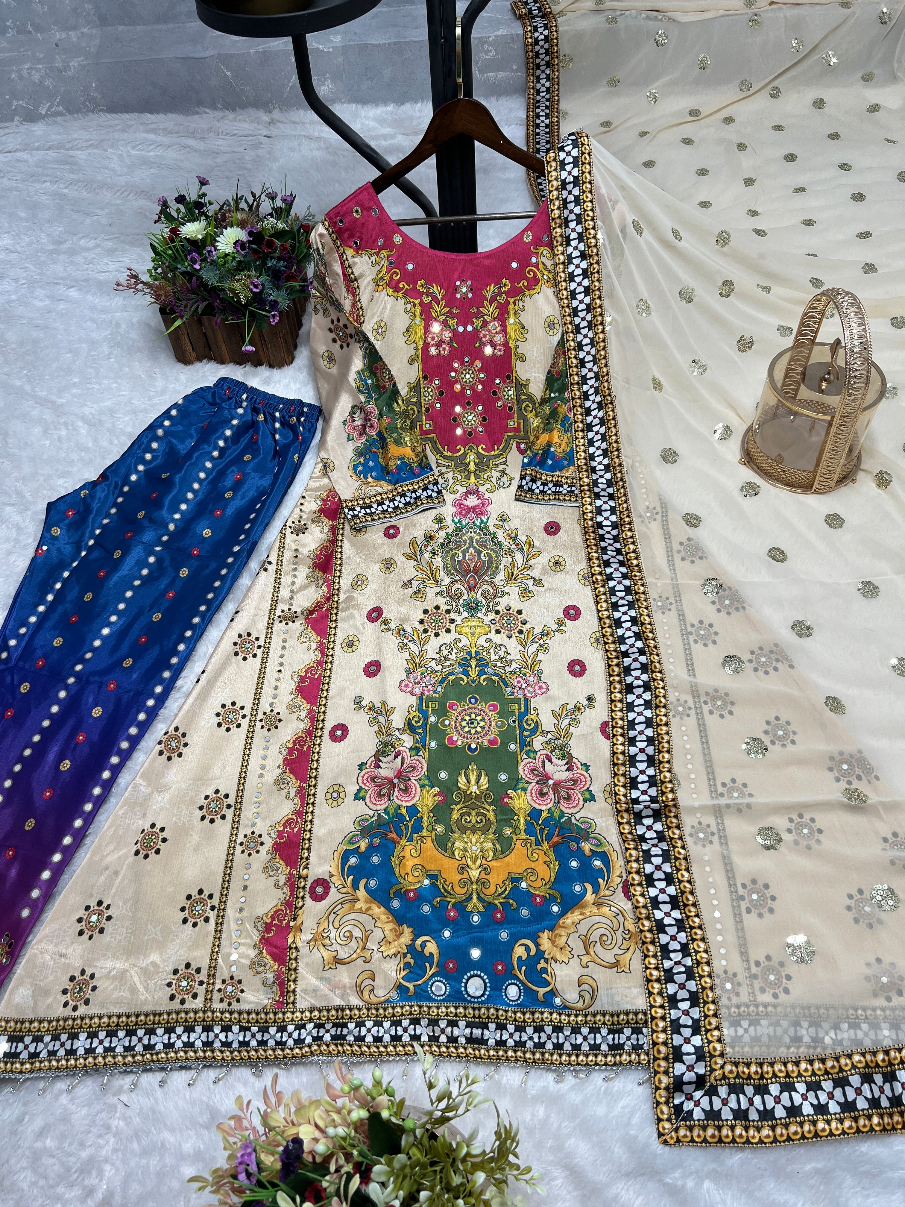 Party Wear Look Top-Bottom And Dupatta With Real Mirror Hand Work