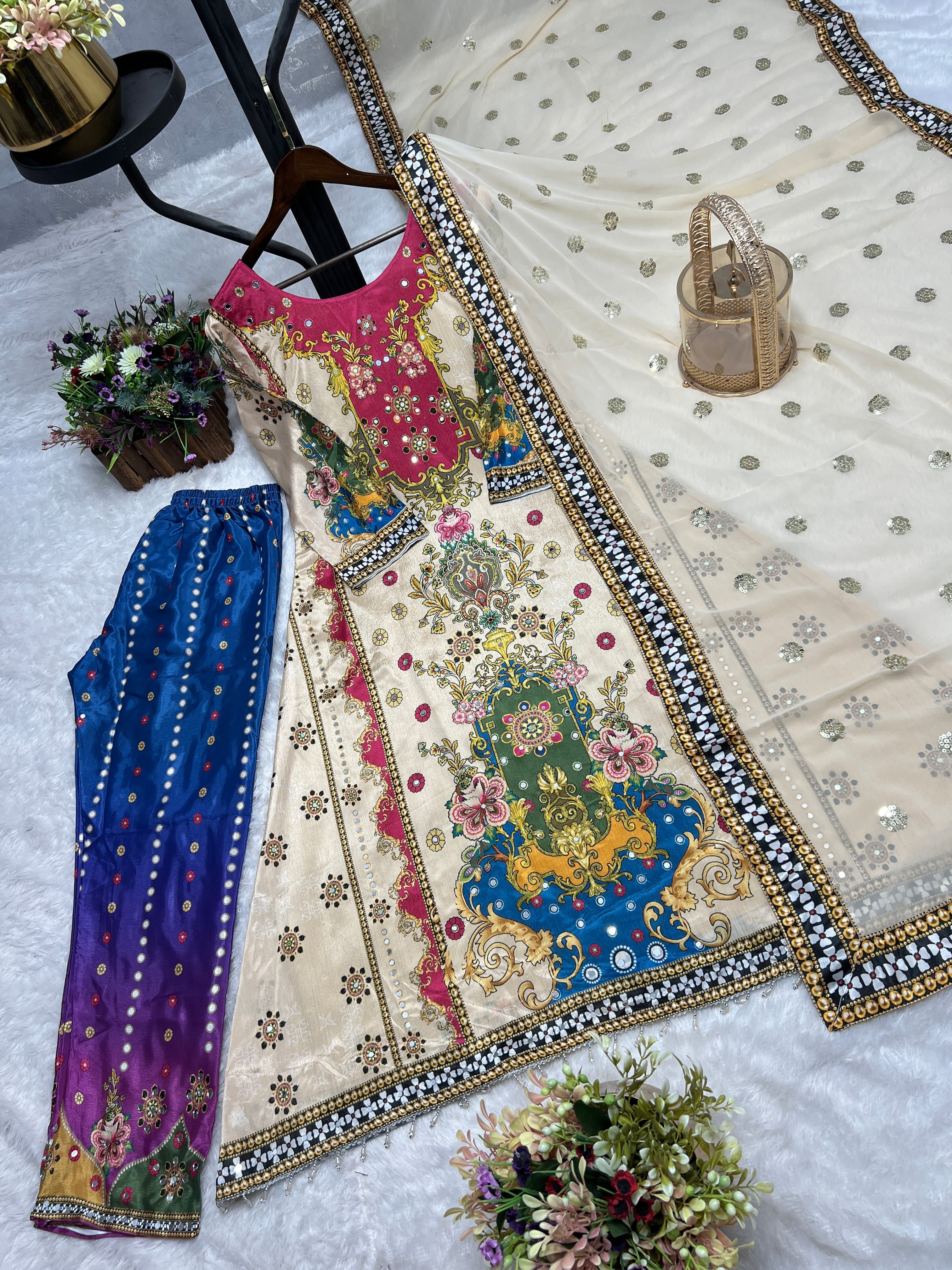 Party Wear Look Top-Bottom And Dupatta With Real Mirror Hand Work