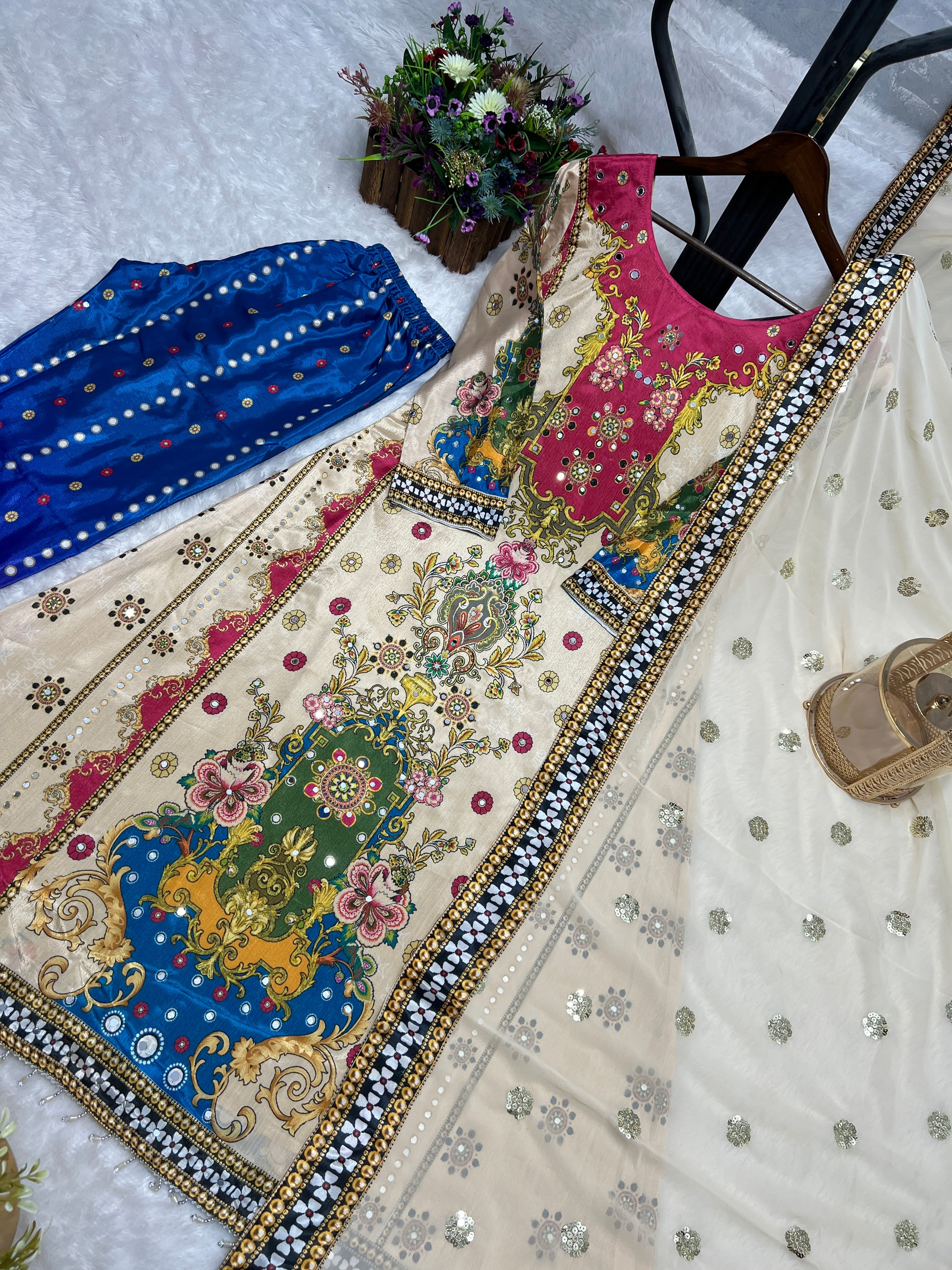 Party Wear Look Top-Bottom And Dupatta With Real Mirror Hand Work