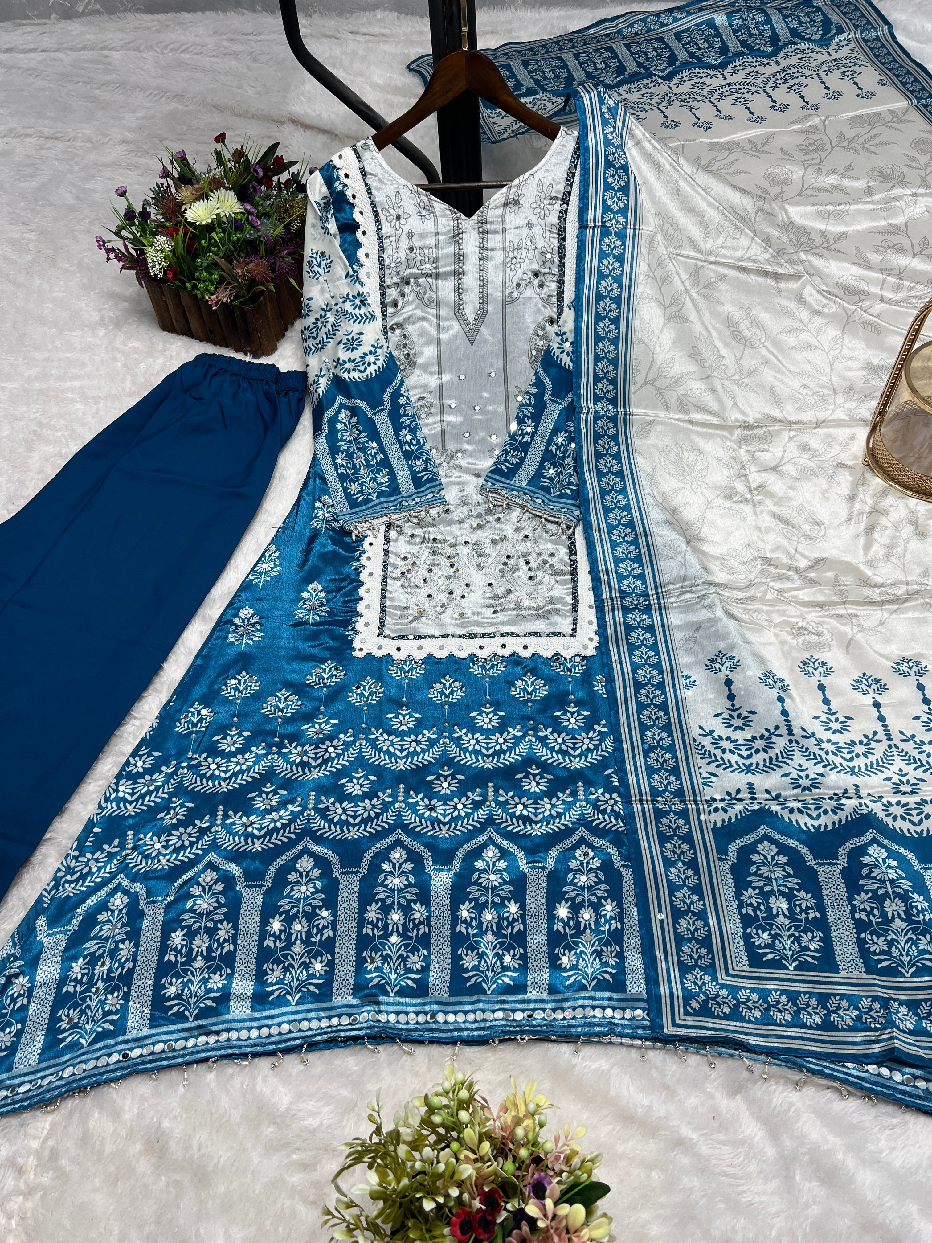 Beautiful Top-Bottom And Dupatta With Digital Print With Real Mirror Hand Work